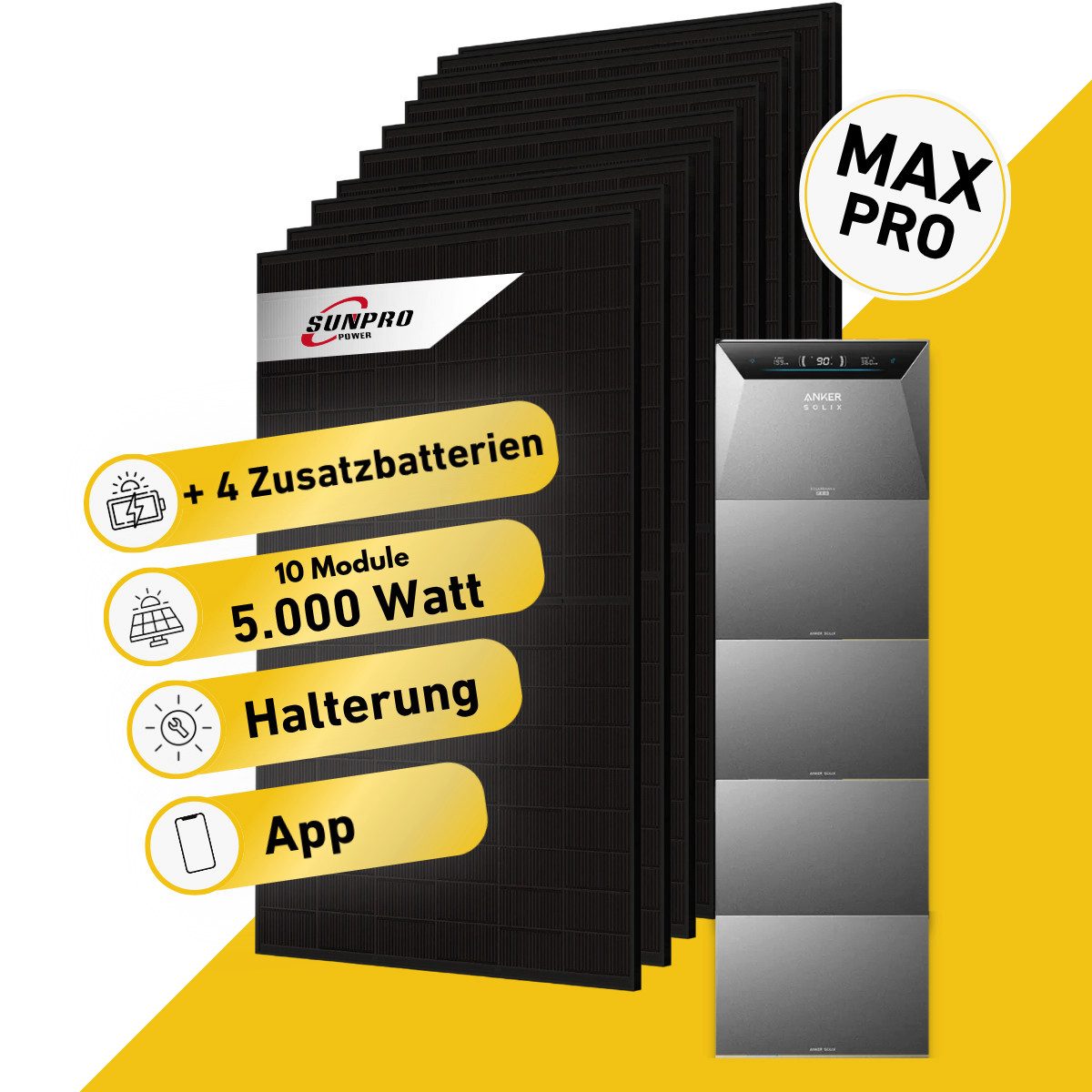 Balkonstrom Balkonkraftwerk 5000W mit Speicher, Anker 4 Pro, Komplettset, Bifazial, 5000 W, Monokristallin, (8x Sunpro Solarmodul á 500 Watt, 1x Anker Solix 4 Pro Solarspeicher E5000, 1-5 Zusatzspeicher BP2705), Halterung für Dach, Fassade, Balkon & Garten, App & Plug&Play DE