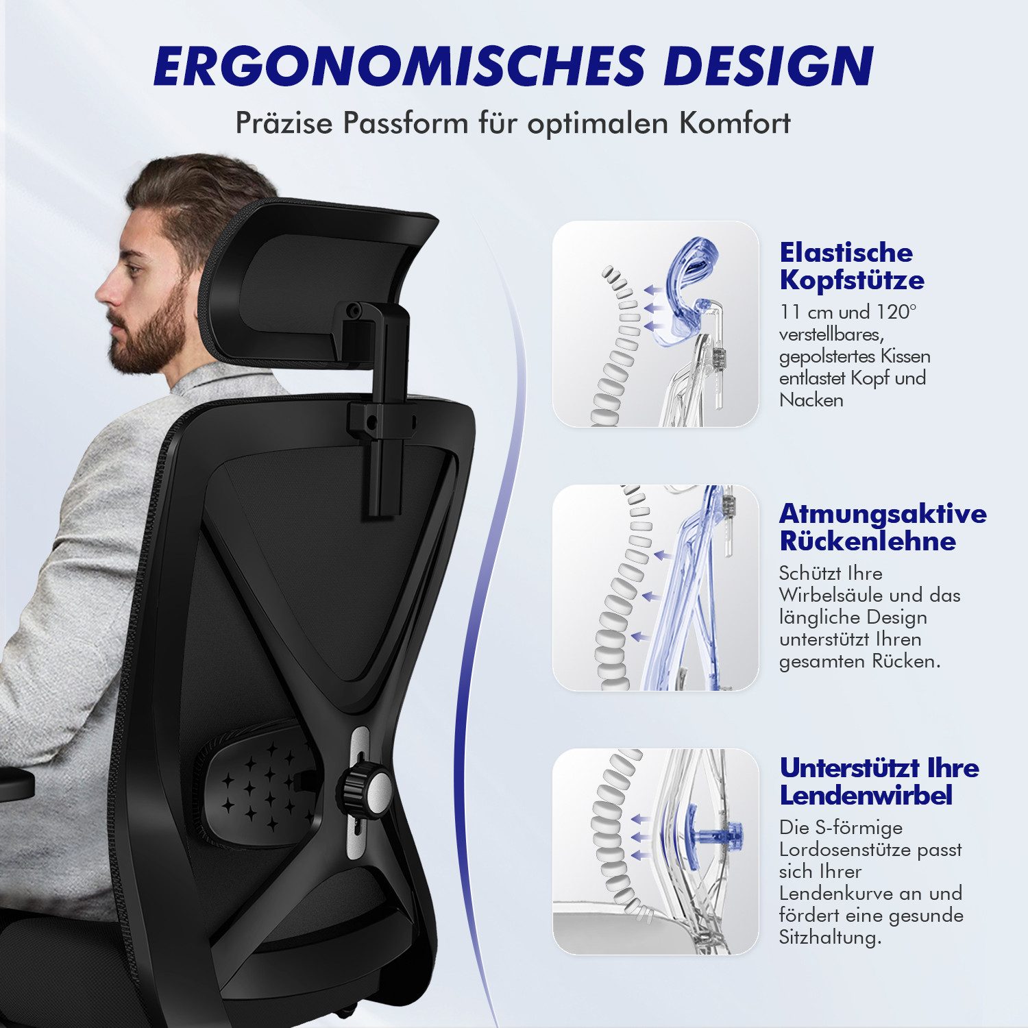 Adormii Bürostuhl bürostuhl ergonomisch, schreibtischstuhl mit Metallfuß (Ergonomischer bürostuhl mit 5D-verstellbarer Lordosenstütze, 90°–135° neigbar, büro stuhl mit verstellbaren Armlehnen, ergonomic office chair mit höhenverstellbarer Sitz, atmungsaktiv und komfortabel, bürostuhl 200 kg)