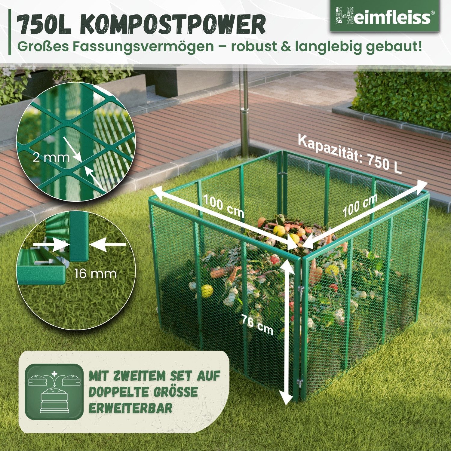 Heimfleiss® Komposter Metall Komposter 450L/750L – verzinkt & pulverbeschichtet, BxTxH: 100x100x75 cm, 750 l, Robuster Gartenkomposter mit Stecksystem für nachhaltige Kompostierung