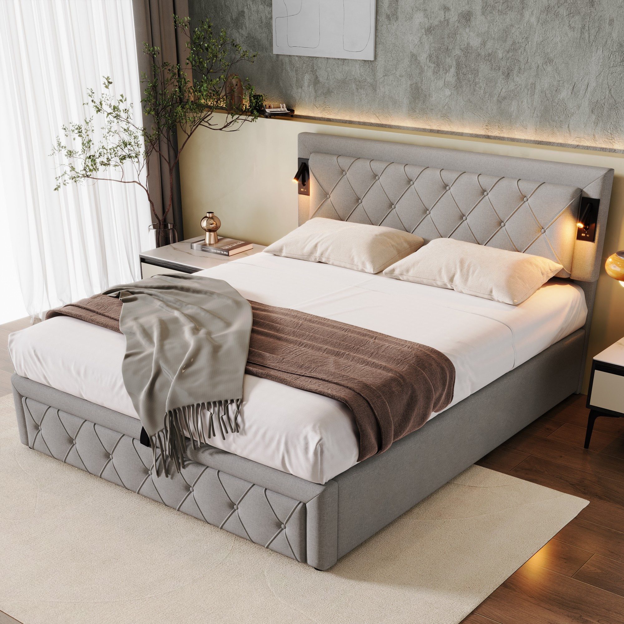 MODFU Polsterbett Modernes Komfortbett mit Downlight & USB (hydraulisches Doppelbett, 1-tlg., 160x200cm, Stauraum, Grau( ohne Matratze), Rauten-Kopfteil, Holz-Lattenrost, hydraulisch