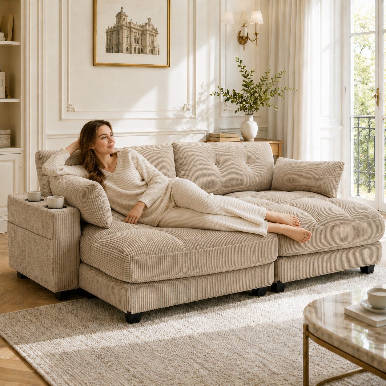 STILVORA Loungesofa 2-Sitzer Sofa mit 4 Seitentaschen Cordsofa mit 4 Getränkehaltern, für Wohnzimmer, Schlafzimmer, Balkon und Arbeitszimmer