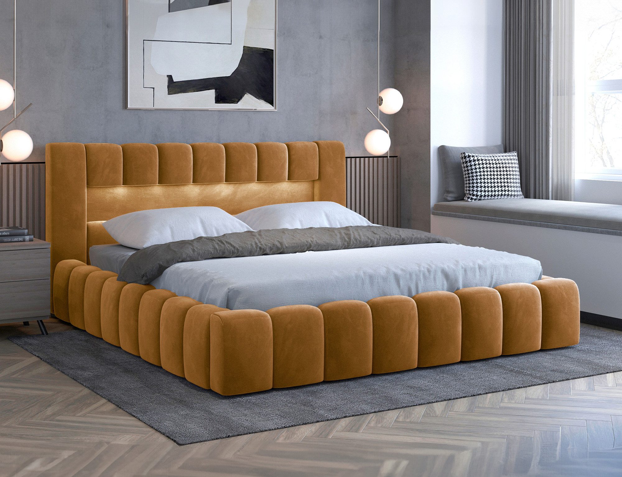 yourhouse24 Polsterbett Lamica Holzrahmen mit LED (Bettgestell mit LED und Lattenrost), Stoffbezug, Ziernähte, modernes Design