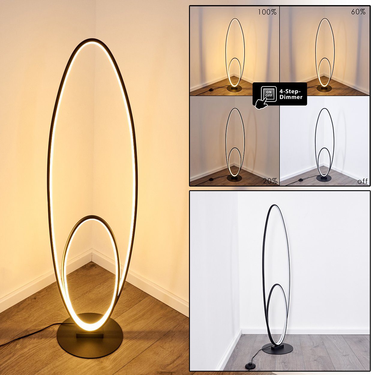 hofstein Stehlampe »Arce«, dimmbare Stehleuchte Lumen, über mit Design, Leuchte Ringen, am im 3700 Schwarz/Weiß, Kabel in 3000 Fußschalter dimmbar Kelvin, 2 modernen max