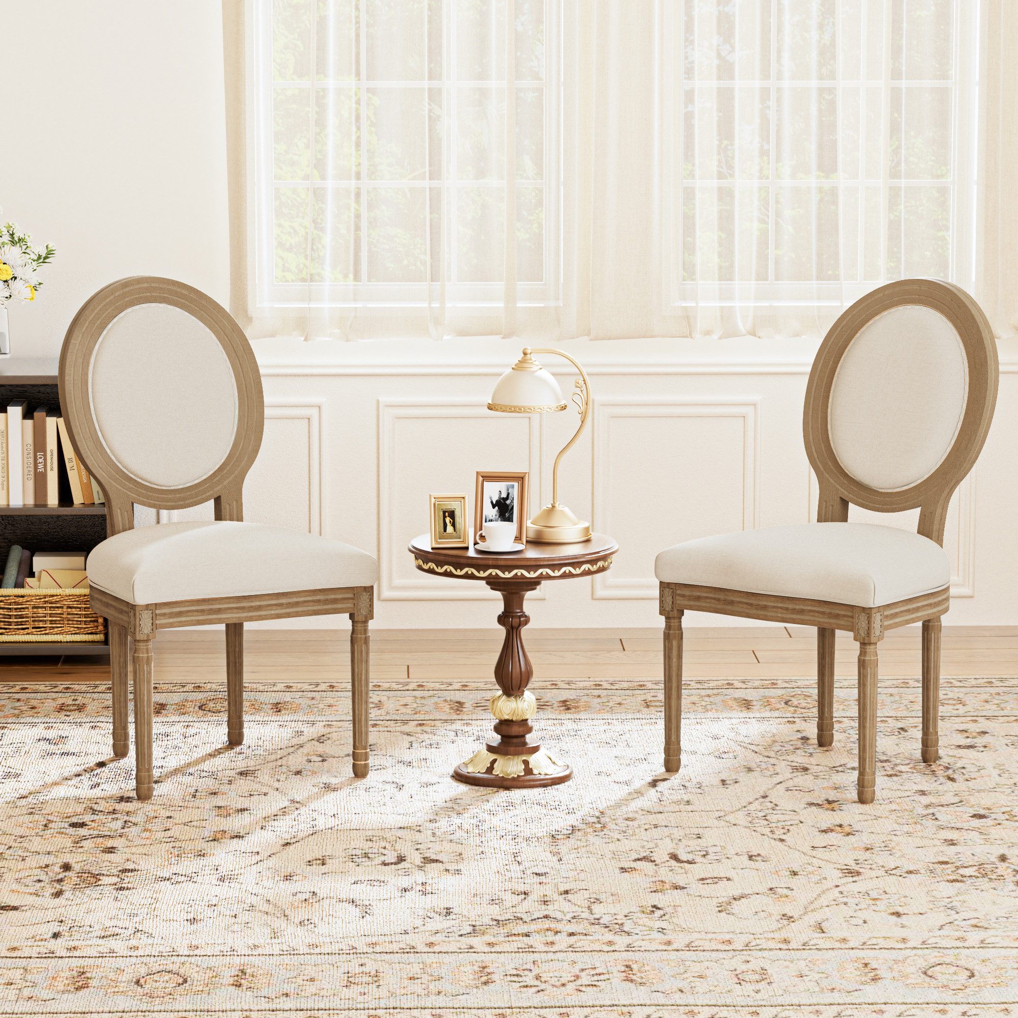 FiveWillowise Esszimmerstuhl Retro-Polsterstühle 2er-Set, Küchenstühle mit ovaler Rückenlehne (2 St), Leinenoptik und Massivholz, für Esszimmer, Wohnzimmer