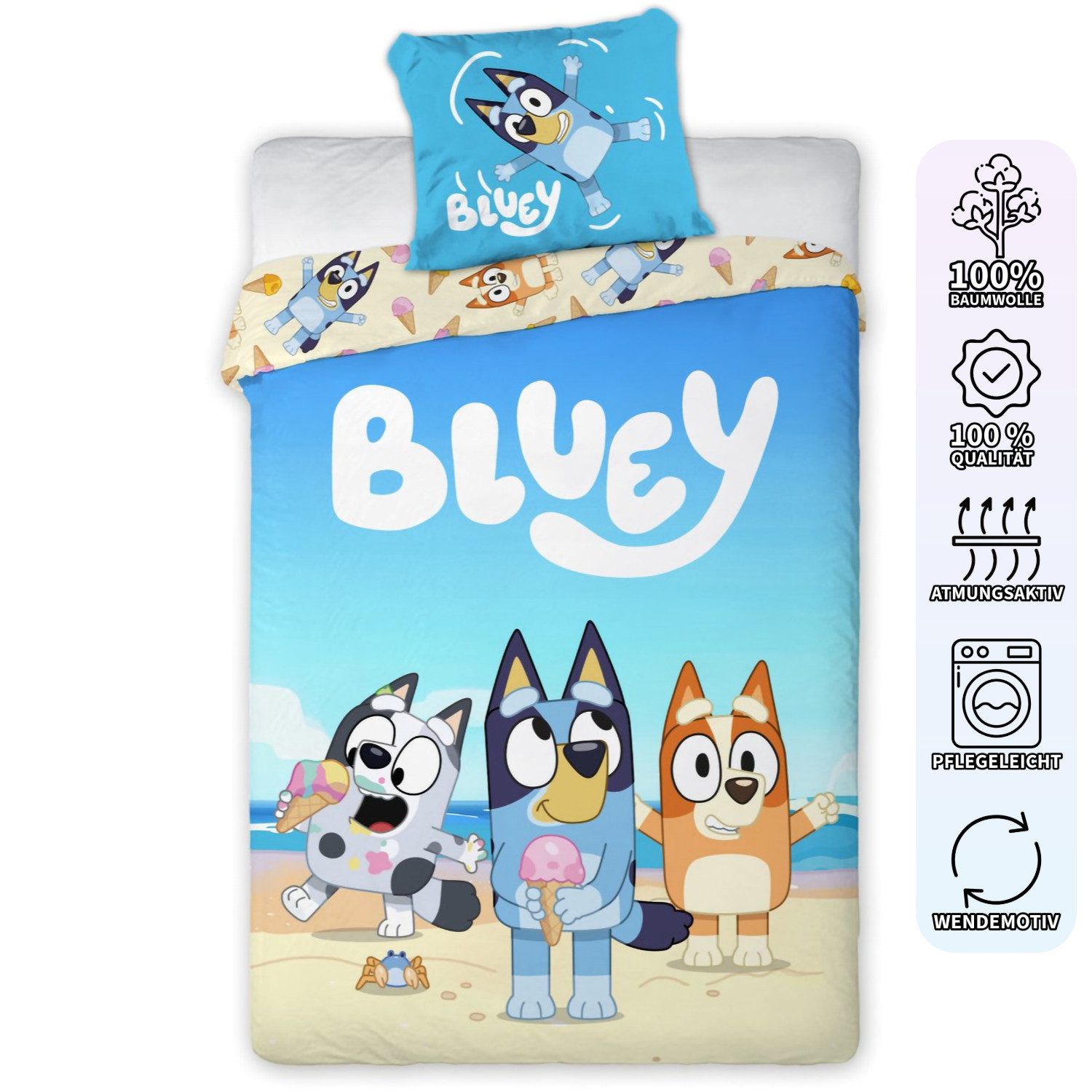 BrandMac Babybettwäsche Bluey, Bingo & Muffin Strand Baby Bettwäsche Set 100x135 cm Baumwolle, 1 teilig, Langlebig