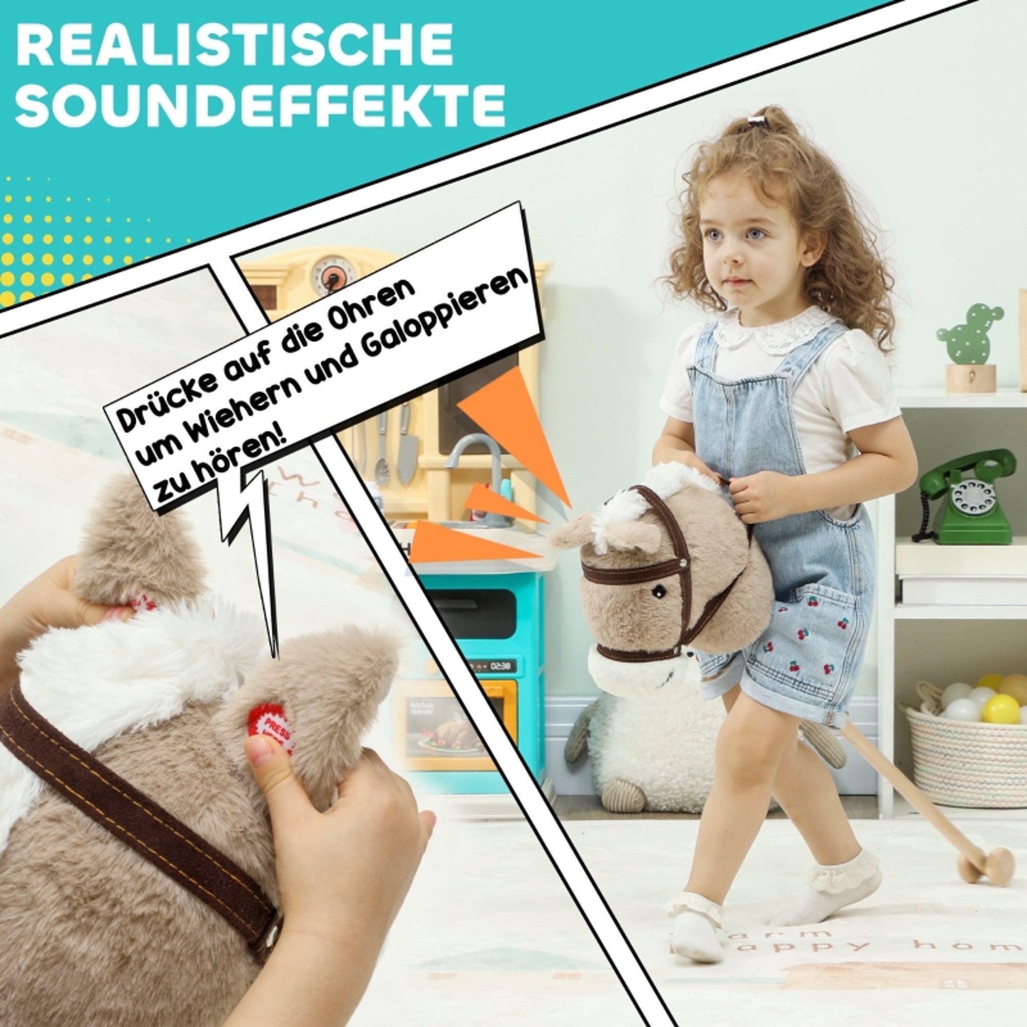 MC Star Steckenpferd Kinder Steckenpferde mit Sound, Rolle, Stockpferd zum Reiten, (für Kinder 24+ Monate, Grau) – Bild 4 von 5