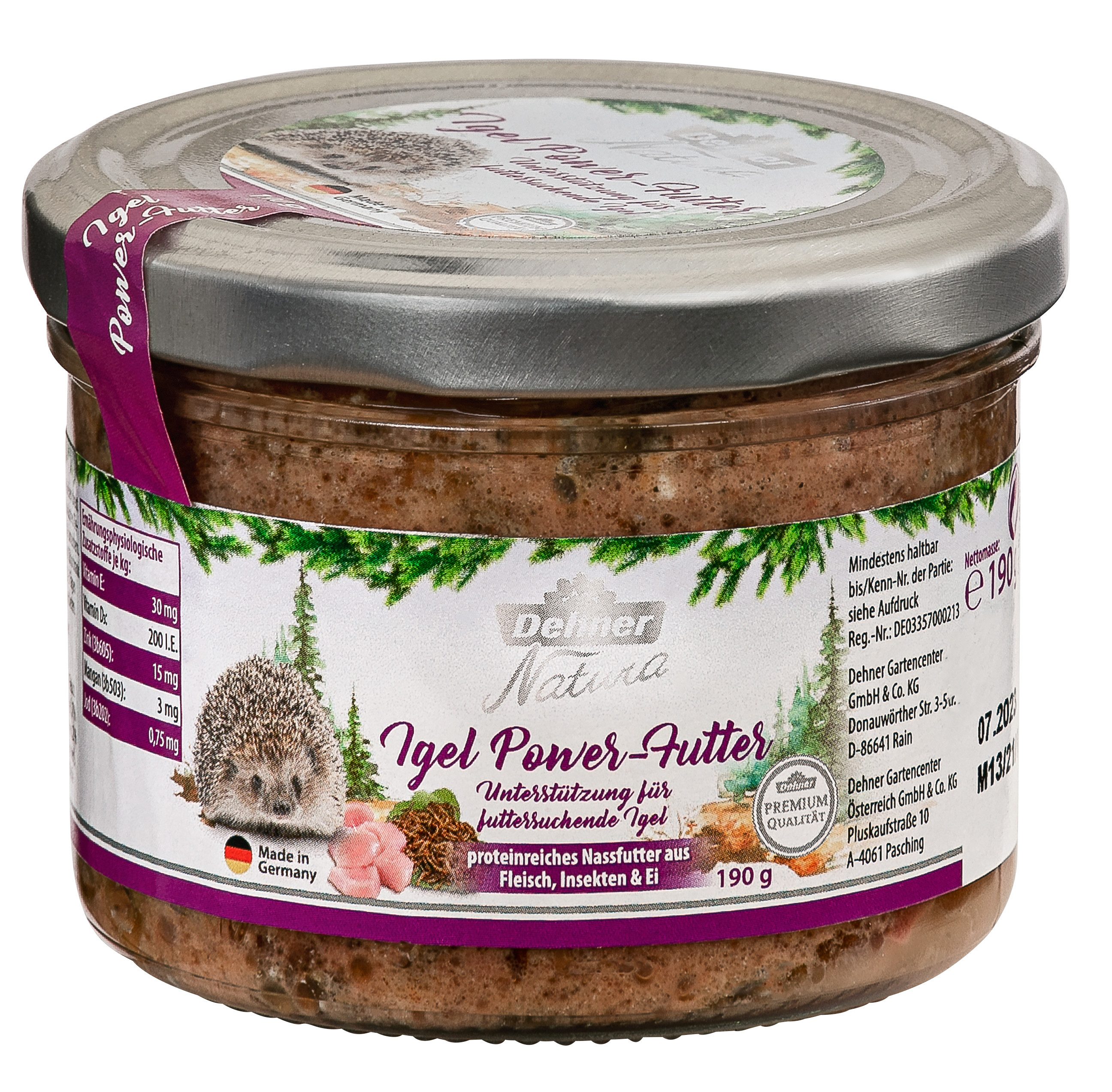 Dehner Natura Premium Igel-Power, Nassfutter, 6 x 190 g (1.14 kg), für: Igel, artgerecht aus Fleisch, Insekten, Ei