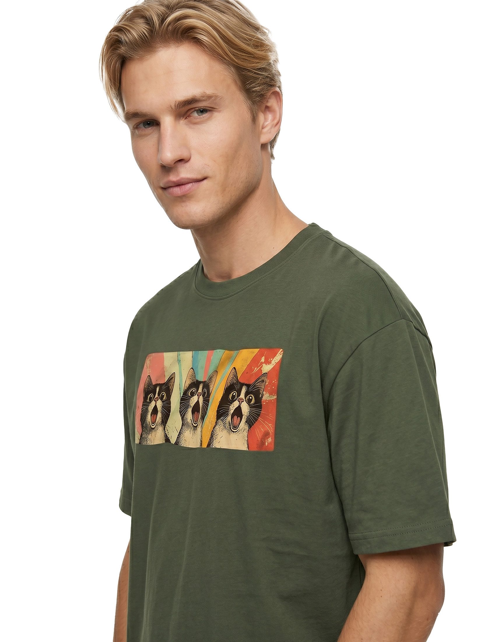MAKAYA T-Shirt Printshirt für Männer mit lustiger Katze – Retro Vintage Design (Schwarz, Blau, Grün, Dunkelgrau, S, M, L, XL, XXL, 3XL, 4XL, 5XL) Baumwolle