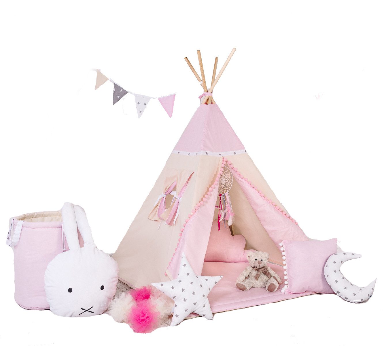 Rainbow Kids Tipi-Zelt Kinderzelt Spielzelt Teepee mit Fenster, Personen: 2 (mit Zubehör, mit 4 Kissen, Matte, Spielzeugkorb und Wimpelkette), Made in Europe