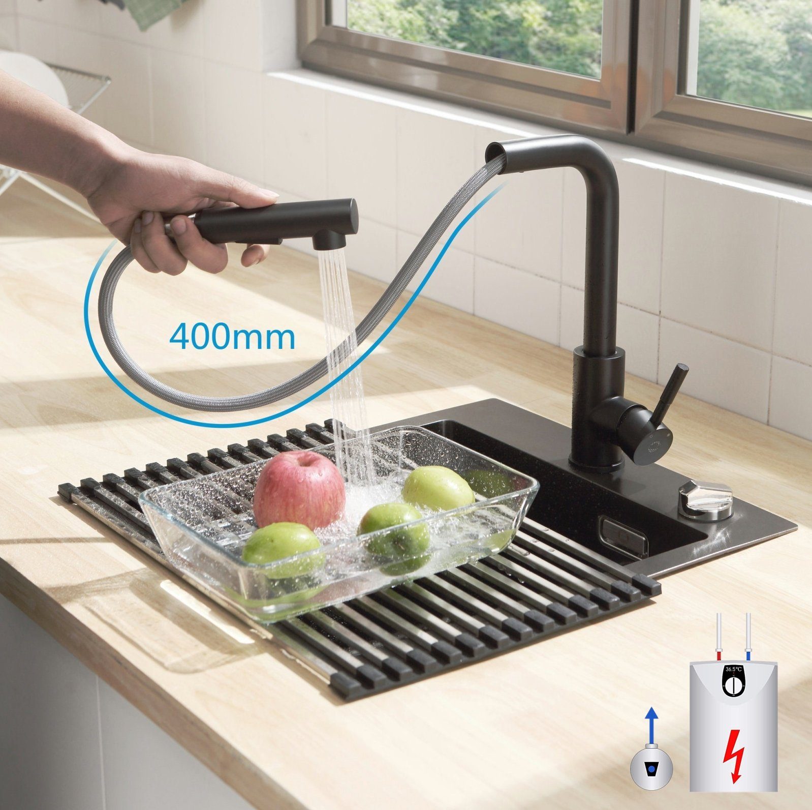 CECIPA Küchenarmatur Küchenarmatur Niederdruck Wasserhahn Ausziehbar 360 ° Drehbare Schwarz