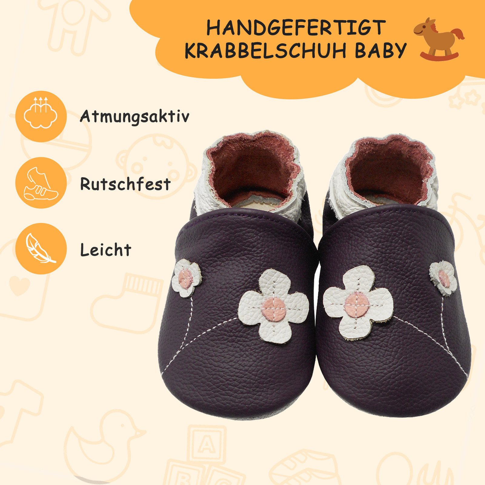 Yalion Weiche Leder Lauflernschuhe Hausschuhe Lederpuschen 2-Blumen Lila Krabbelschuh