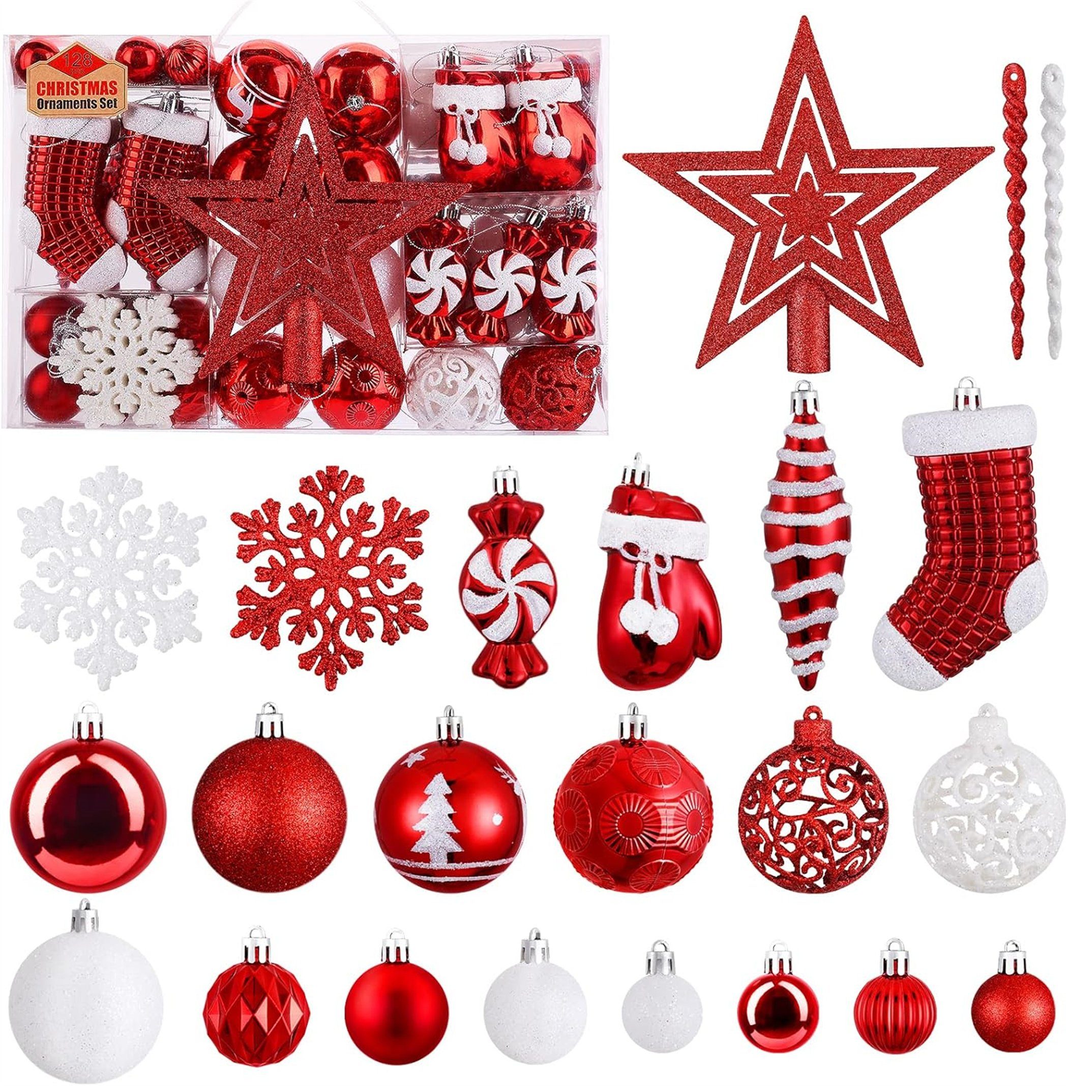 autolock Weihnachtsbaumkugel 128er Set Premium Weihnachtskugeln Kunststoff Rot Weiß