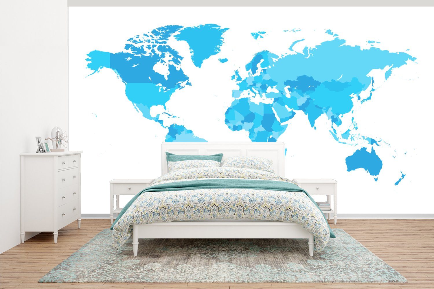 MuchoWow Fototapete Weltkarte - Blau, Matt, bedruckt, (7 St), Vliestapete für Wohnzimmer Schlafzimmer Küche, Fototapete