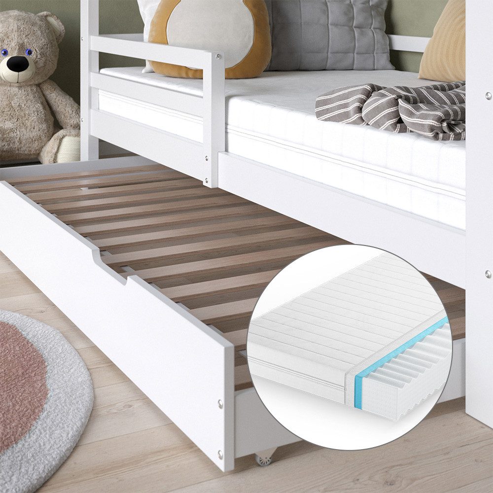 VitaliSpa® Luni House Bed, White, 200 x 90 cm with Guest Bed and Mattress (1-piece)