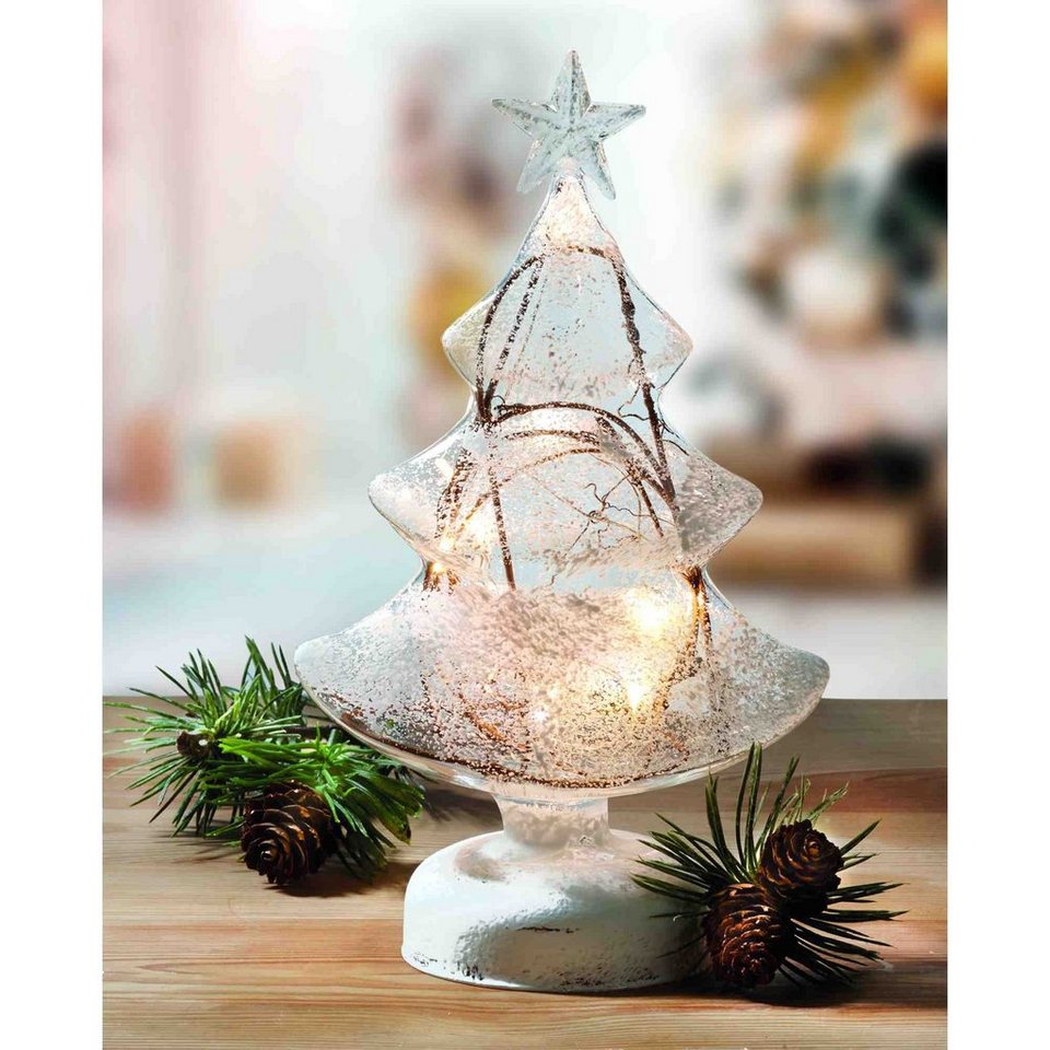 B&S LED Dekolicht Tannenbaum beleuchtet Weihnachtsdeko Glas Snowy 10 LED  Höhe 25 cm