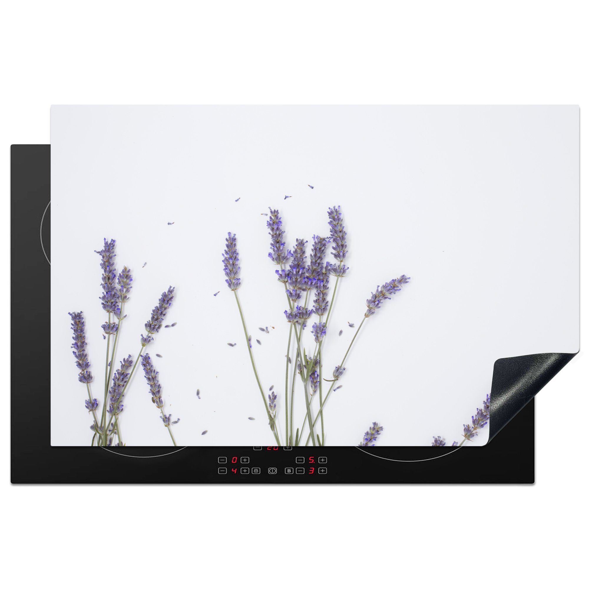 MuchoWow Herdblende-/Abdeckplatte Kleine lilafarbene Lavendelblüten gegen einen grauen Himmel, Vinyl, (1 tlg), 81x52 cm, Induktionskochfeld Schutz für die küche, Ceranfeldabdeckung