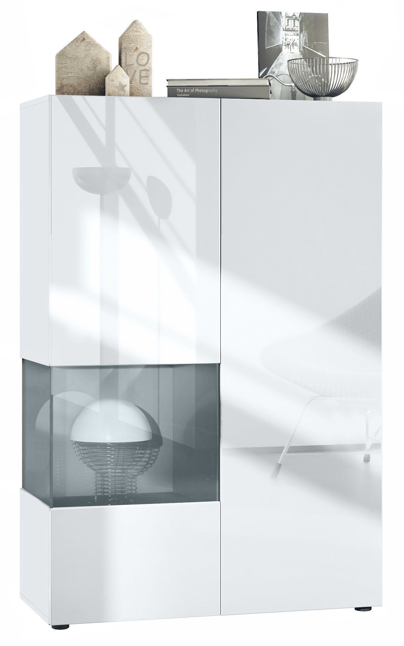 Vladon Standvitrine Morena V2 (Standvitrine, mit 2 Türen und Glaseinsatz) Weiß matt/Weiß Hochglanz/Grau Hochglanz (91,5 x 136,5 x 37 cm) Einsatz in Grau Hochglanz