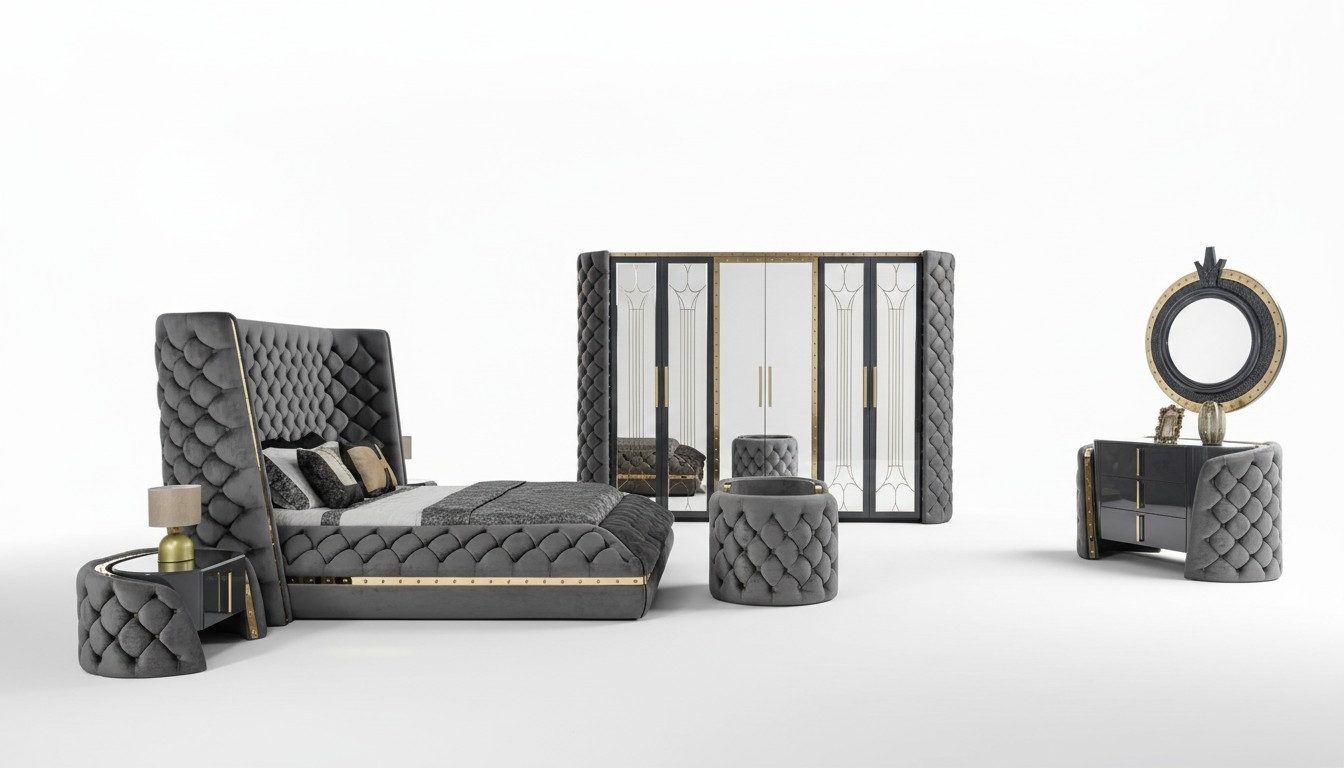 JVmoebel Komplettschlafzimmer Schlafzimmermöbel in modernem Design mit Holzoberfläche, (6-tlg., Bett/Schminktisch mit Spiegel/2x Nachttische/Kleiderschrank/Bank), Made in Europa