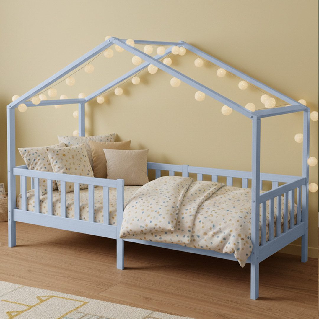 Bellabino Kinderbett Bia mit Rausfallschutz & Lattenrost (blau, optional mit Matratze), Kinderbett aus Kiefernholz, verfügbar in 80x160/90/120/140x200 cm