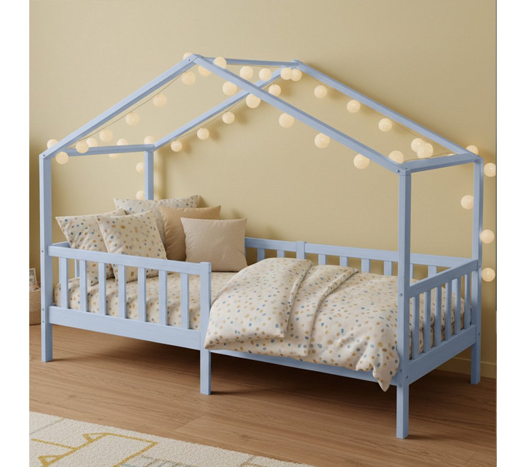 Bellabino Kinderbett Bia mit Rausfallschutz & Lattenrost (blau, optional mit Matratze), Kinderbett aus Kiefernholz, verfügbar in 80x160/90/120/140x200 cm