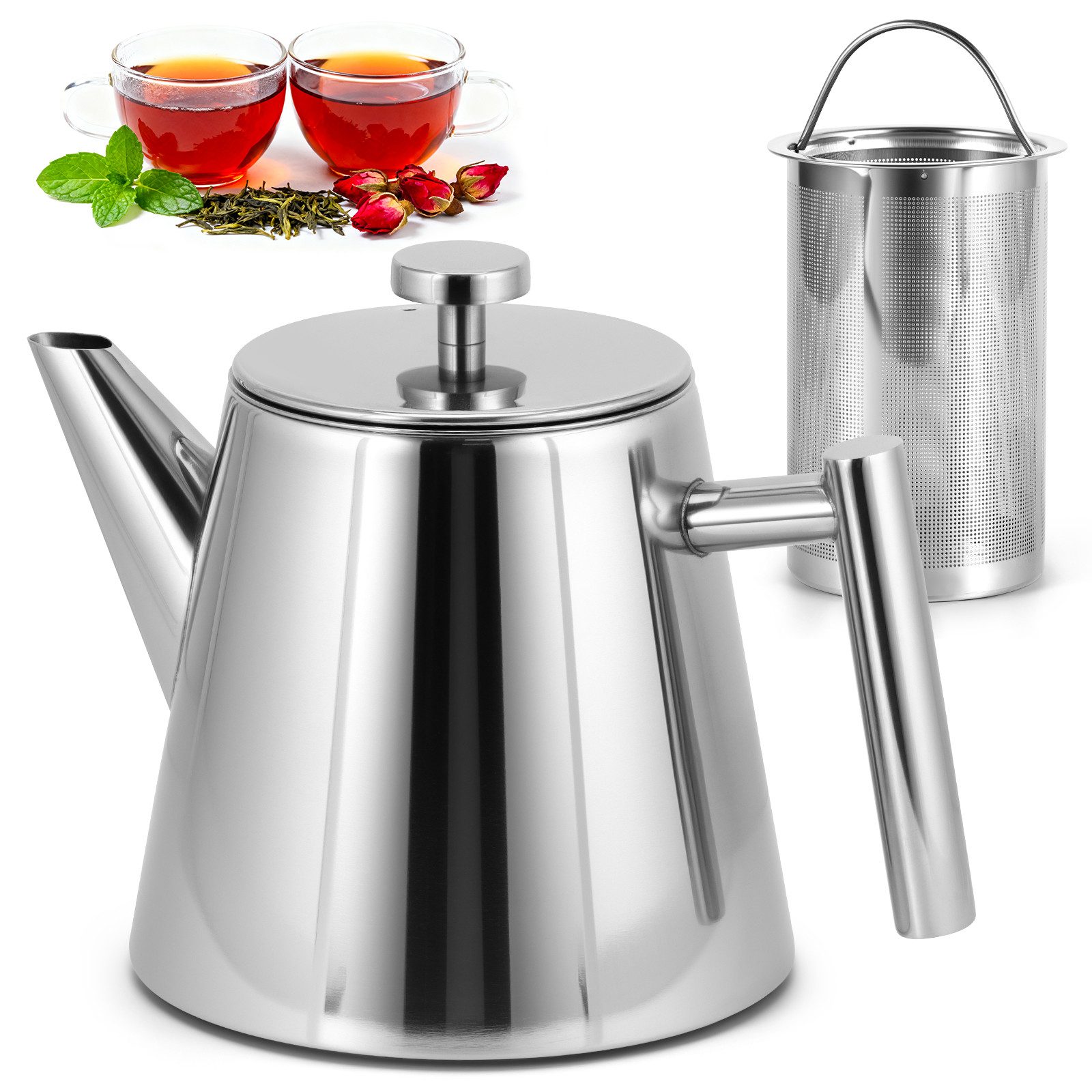 BlingBin Teekanne Hochwertiger Edelstahl Teebereiter Doppelwandig mit Siebeinsatz, 1 l, (1er Set, 1-St., Produktabmessungen: 21*14.2*15.5cm), Perfekt für alle Früchte, Kräuter- und Infusionstee, 1000ml