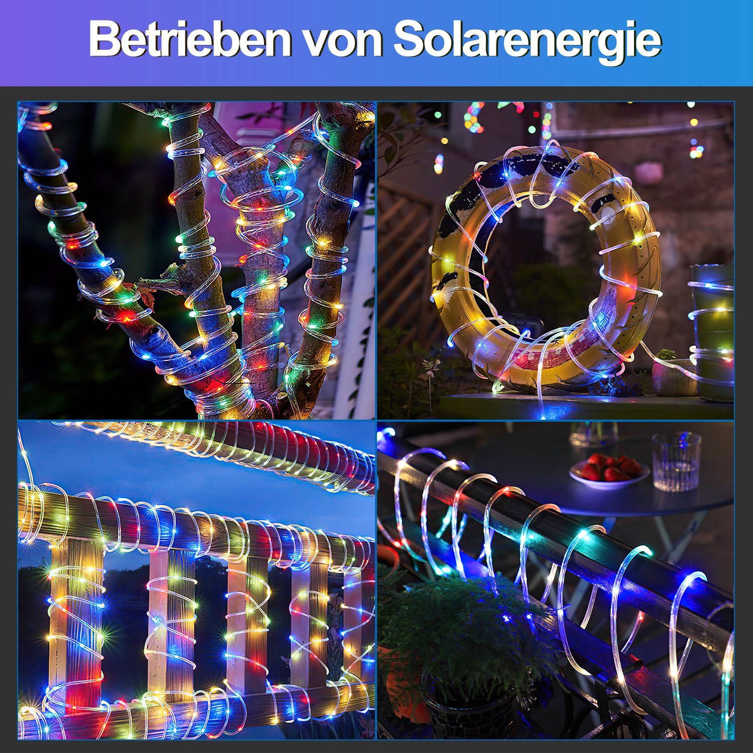 LED Lichterschlauch Solar 10m Gimisgu Lichterkette LED-Lichterschlauch Wasserdicht Lichtschlauch Bunt