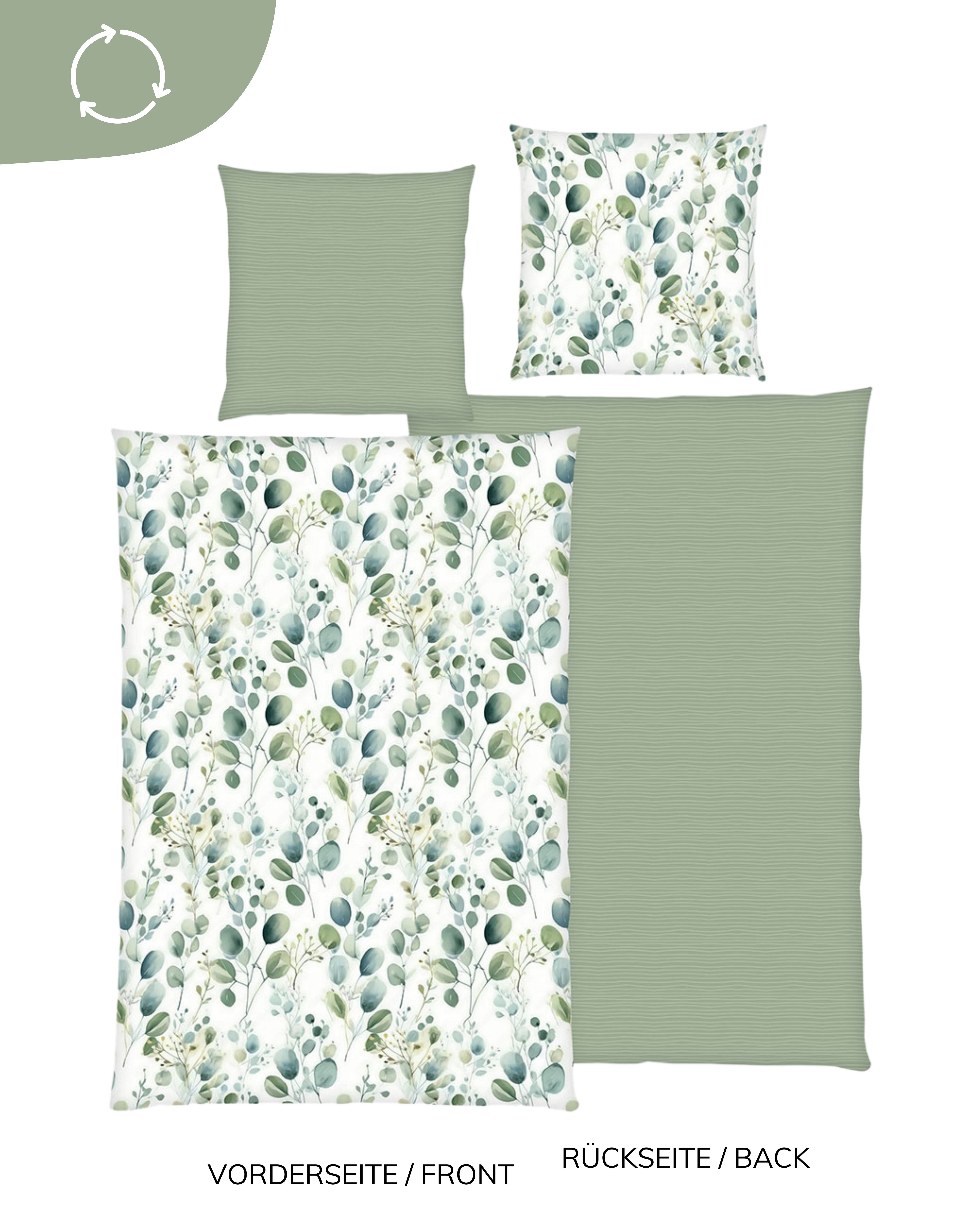 MTOnlinehandel Wendebettwäsche Eukalyptus Dusty Green in zwei Größen • Blätter • Blumen, Microfaser, 2 teilig, sanft und weich • Aquarell-Optik • Partnerbettwäs – Bild 4 von 5