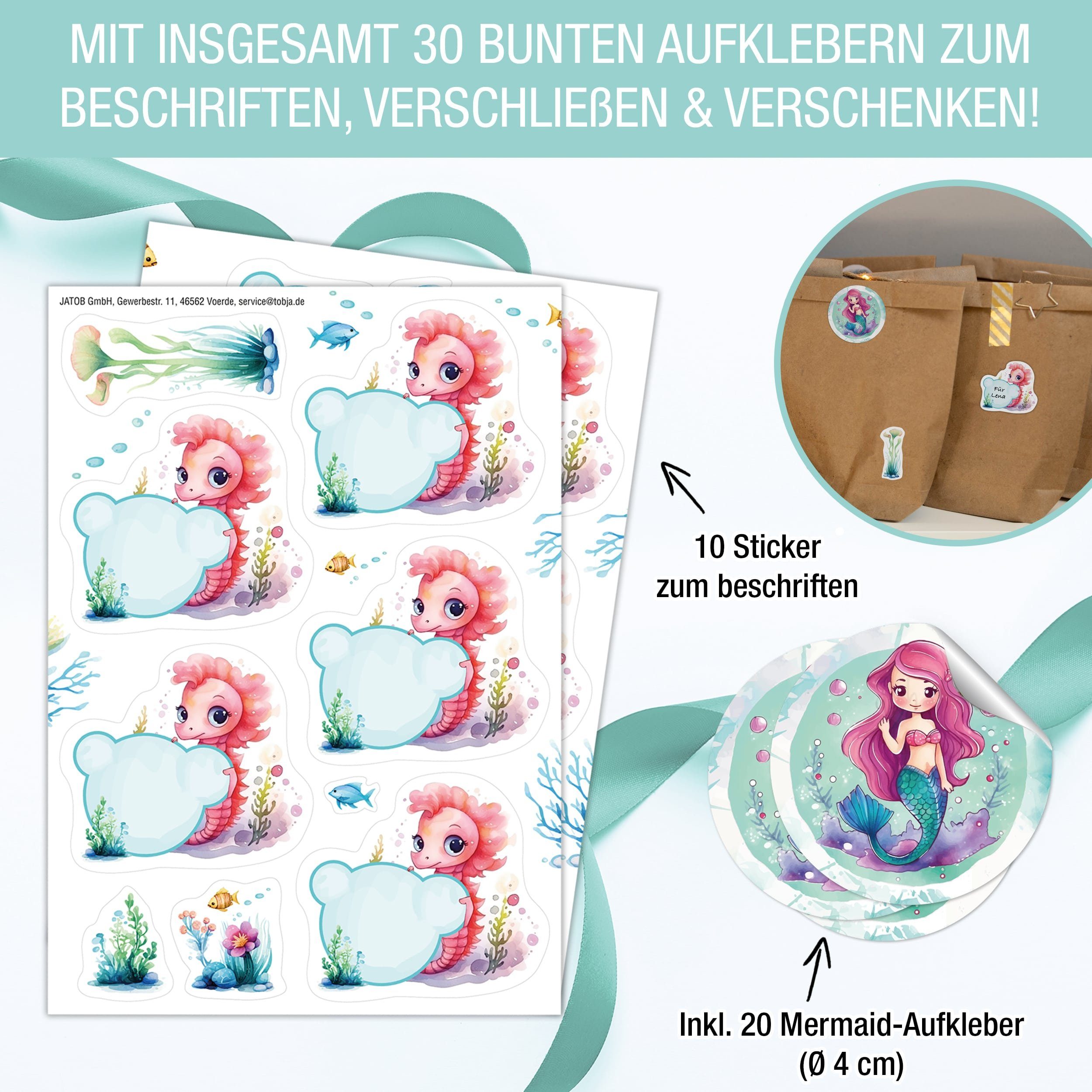 TOBJA Grußkarte Einladungskarten & Mitgebseltüten Meerjungfrau, Kindergeburtstag Mädchen Geburtstag Einladung Kinder