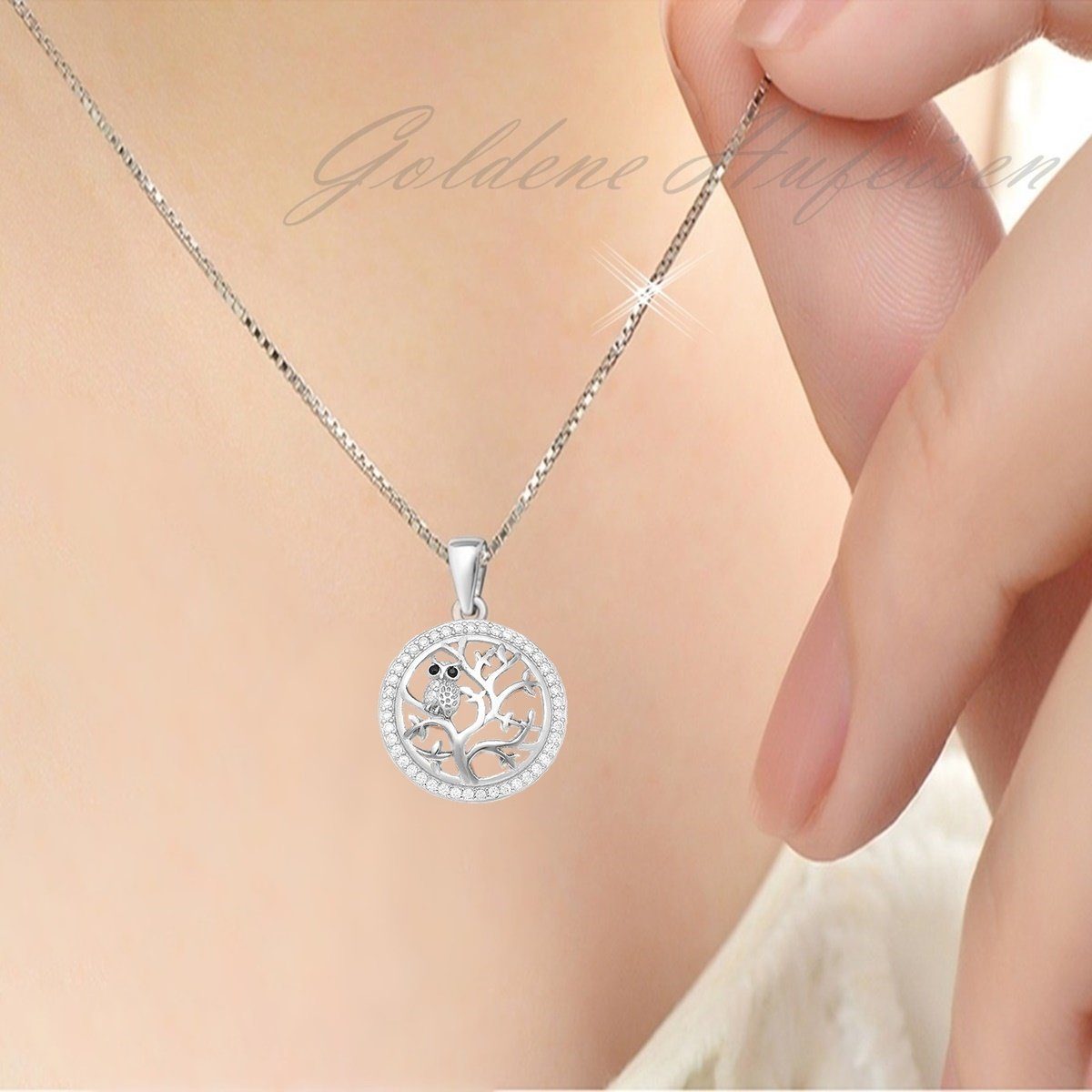 Goldene Hufeisen Kette mit Anhänger Lebensbaum mit Eule Halskette aus 925 Sterling Silber mit Zirkonia (2-tlg, inkl. Etui), Rhodiniert