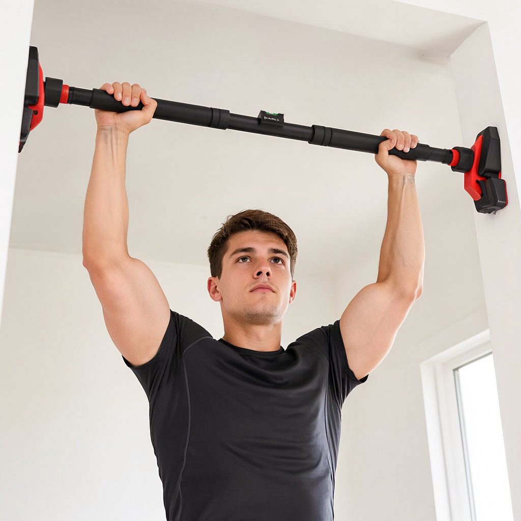 HMS Klimmzugstange Türreck Klimmzugtrainer Fitnessstange (Spar-Set, 1-tlg., 100-120 cm verstellbar), Dreifach-Stabilisierung, bohrfreie Montage, Wasserwaage