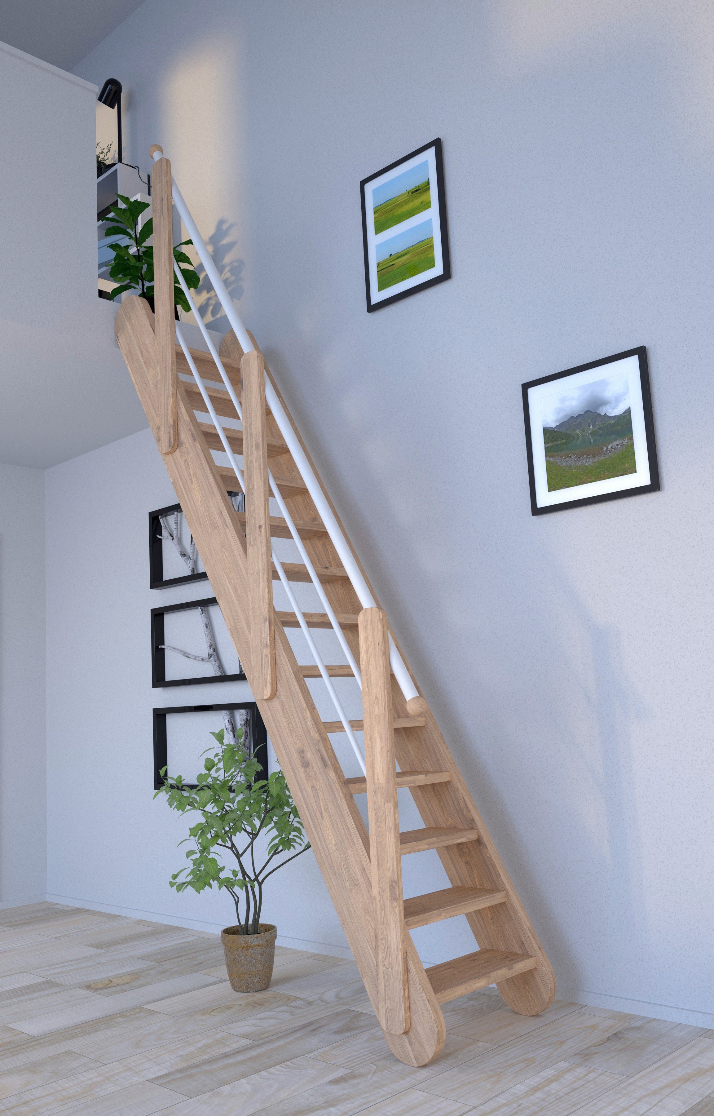 Wangenteile Starwood Raumspartreppe Durchgehende Massivholz Weiß, Samos, offen, Stufen Holz-Edelstahl