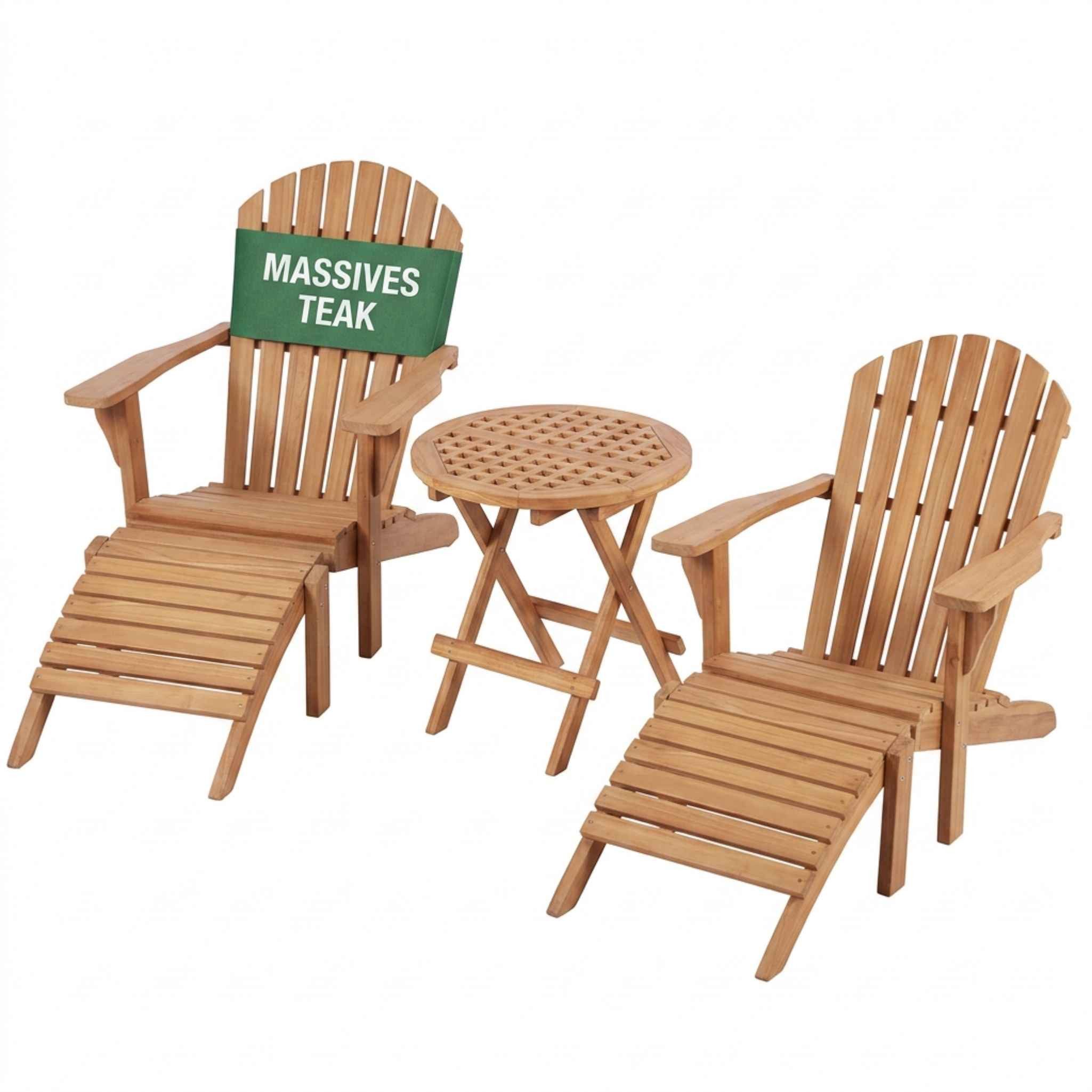 MR.DEKO Gartenlounge-Set Teakholz Liegestuhl Set 2x Adirondack Sessel mit Hocker + Klapptisch, (3-teilige Garten-Liegegruppe mit 2 Deckchairs und Tisch), Massives Plantagen-Teakholz unbehandelt witterungsbeständig & stabil