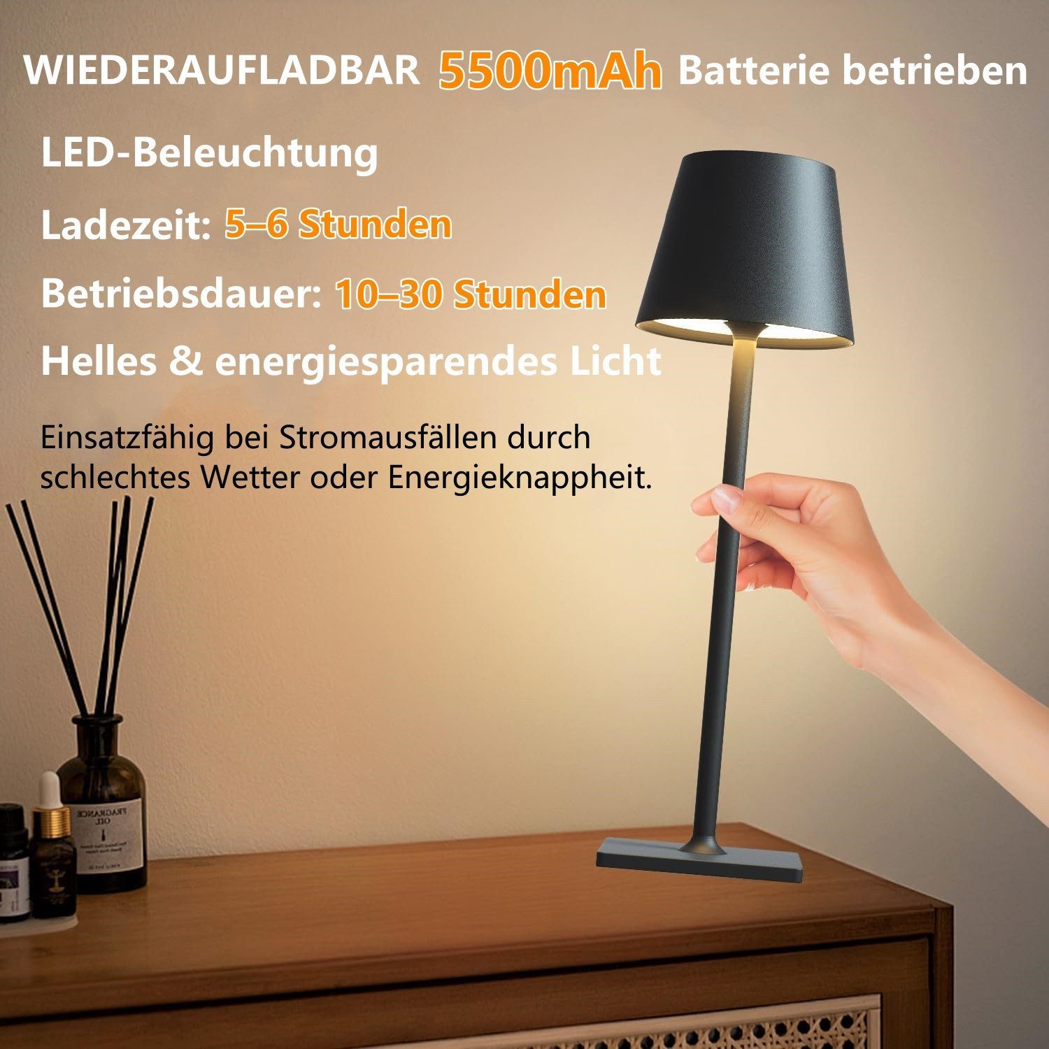 Quntis LED Tischleuchte dimmbare Lampe, Nachttischlampe, kabellose Tischleuchte, Dimmbar/Farbwechsel, LED fest integriert, Warmweiß / Neutralweiß / Kaltweiß / RGB, Wohnzimmerlampe, Schreibtischlampe, Outdoor-Lampe, Kinderlampe