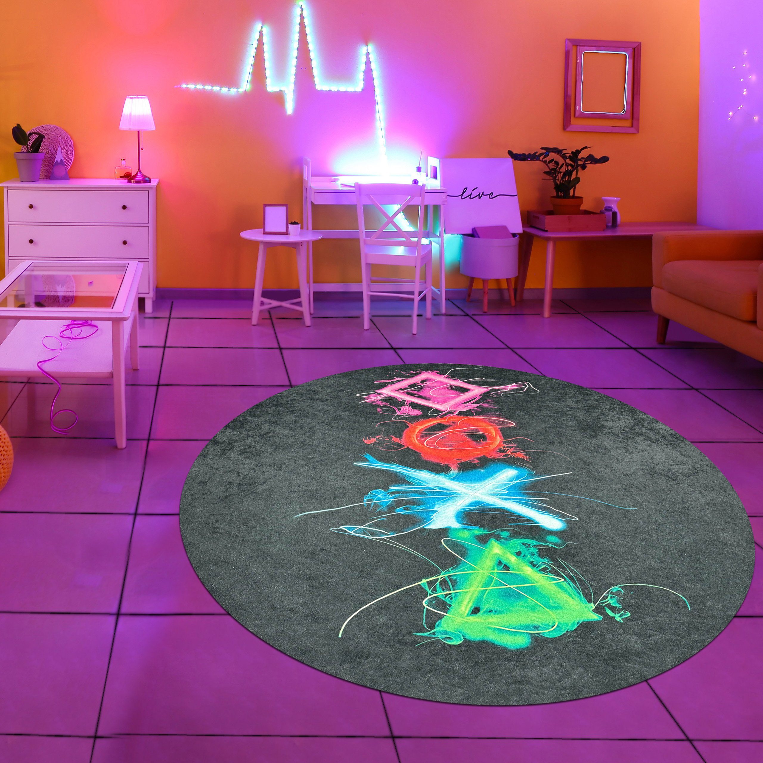 TeppichHome24 Kinderteppich Gaming Teppich mit neonfarbigen Symbolen, rund günstig online kaufen