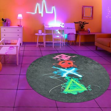 Kinderteppich Gaming Teppich mit neonfarbigen Symbolen, TeppichHome24, rechteckig