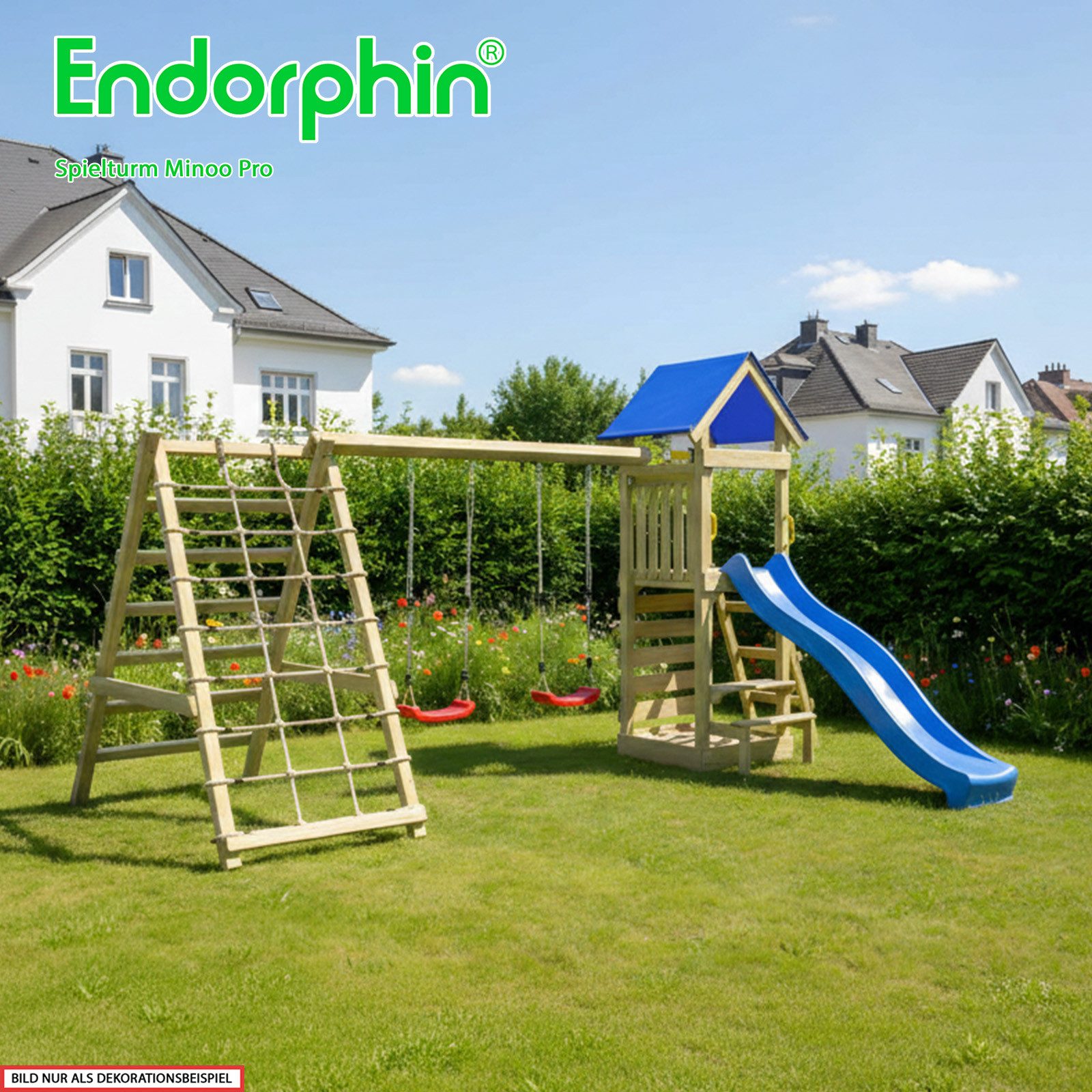 Endorphin Spielturm Spielturm Minoo Pro m. Dach Leiter Rutsche Schaukel Kletterwänden Sand
