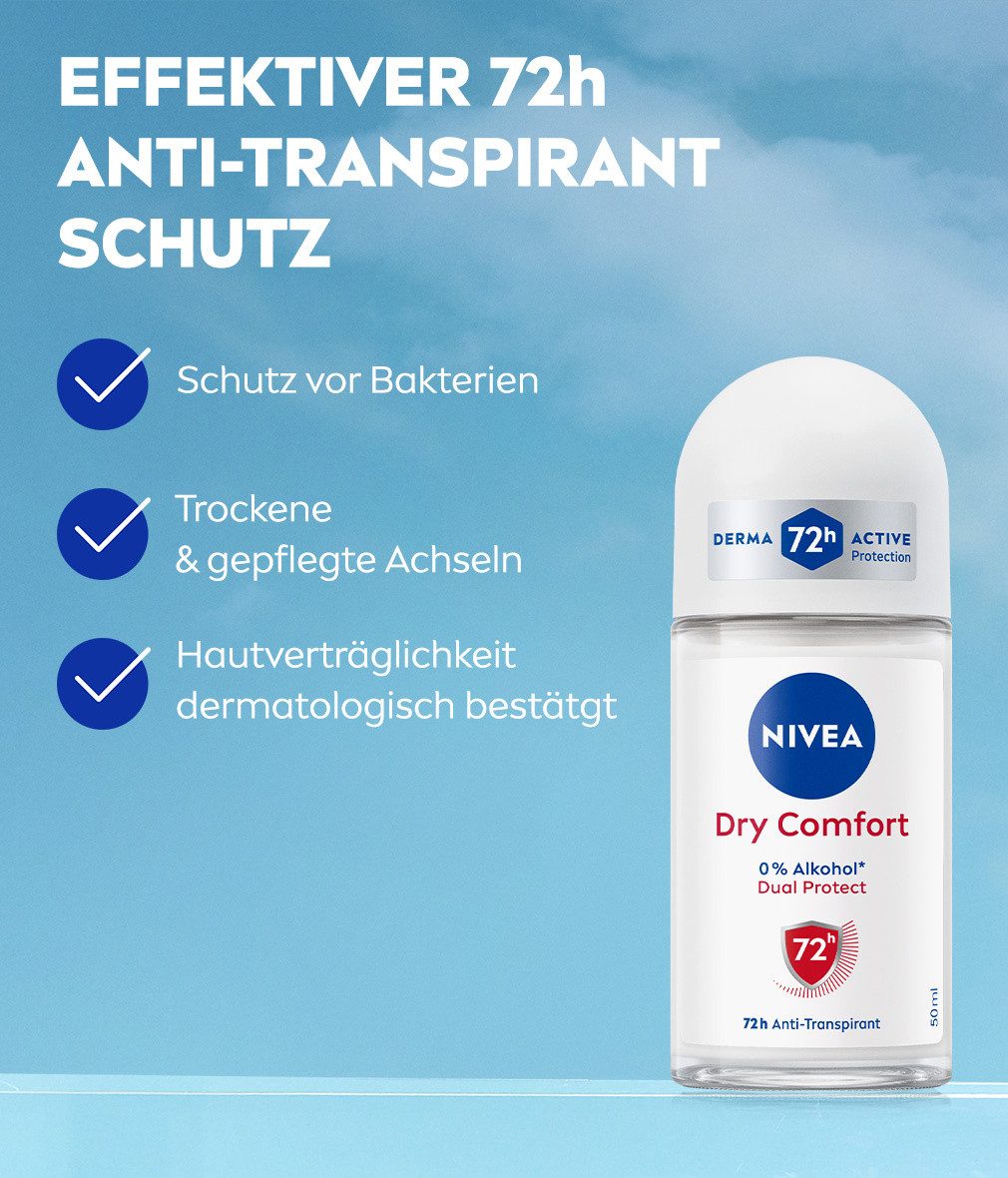 Nivea Deo-Roller Deodorant Dry Comfort Deo Roll-On 6 x 50ml, 6-tlg., Zuverlässiger 72h Anti-Transpirant-Schutz