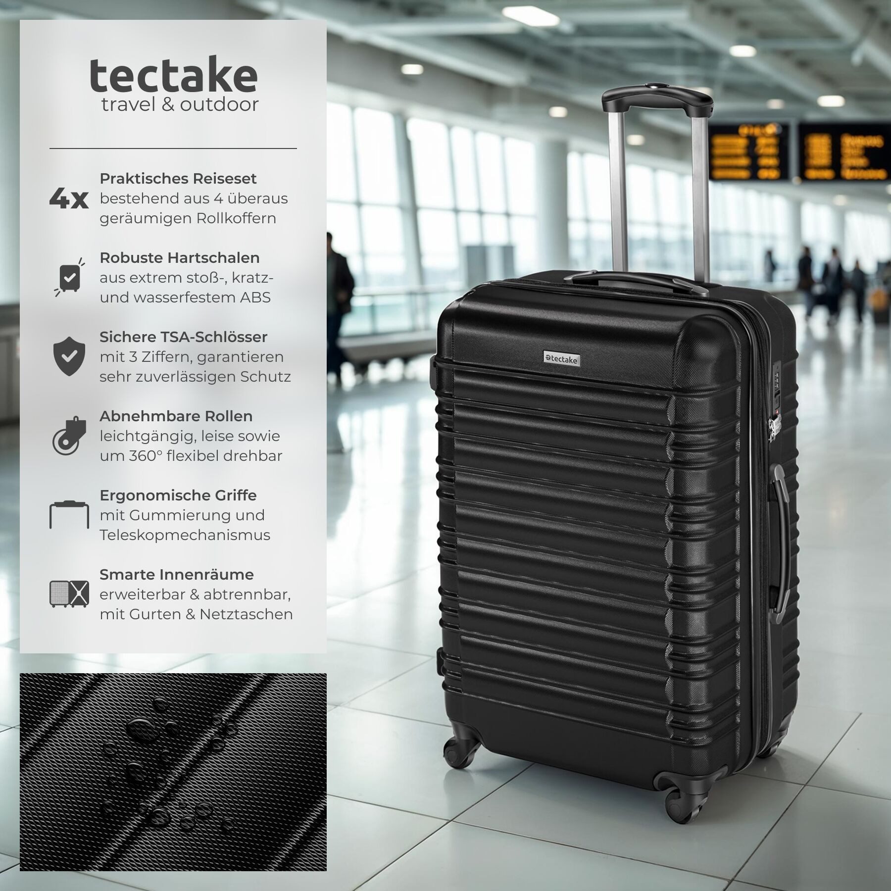 tectake Trolley Hartschalenkoffer-Set aus robustem ABS-Kunststoff, TSA-Zahlenschloss, 4 Rollen, mit Teleskopgriff, 360° drehbare, abnehmbare Rollen, abteilbar