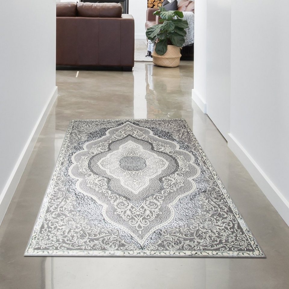 Teppich Orientteppich mit Verzierungen glänzend silber grau-beige,  Carpetia, rechteckig, Höhe: 12, 12 mm, Allergiker-freundlich, Pflegeleicht  und schmutzabweisend