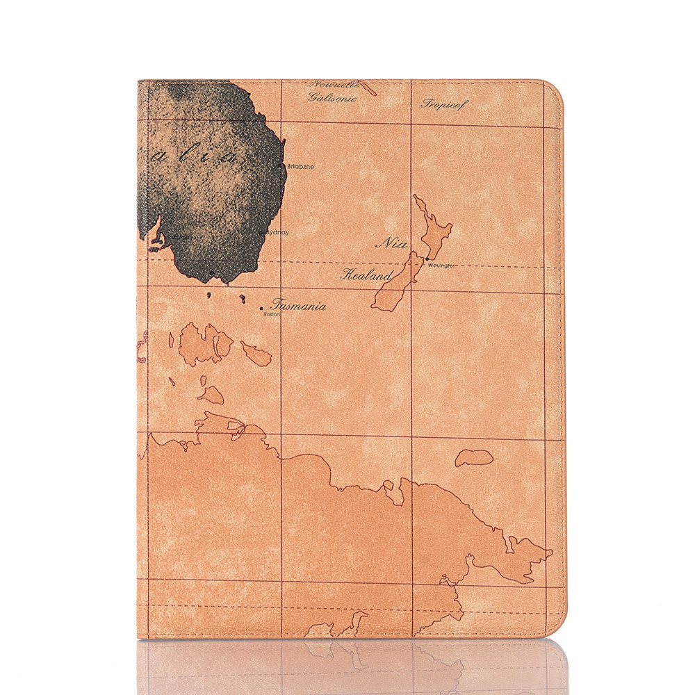 FroShop Tablet-Hülle Schutzhülle für Apple iPad Pro 12.9" 5. / 6. Generation 2021 2022, Hülle mit Stifthalter Tasche Etui Smart Case Weltkarte - Farbe BRAUN