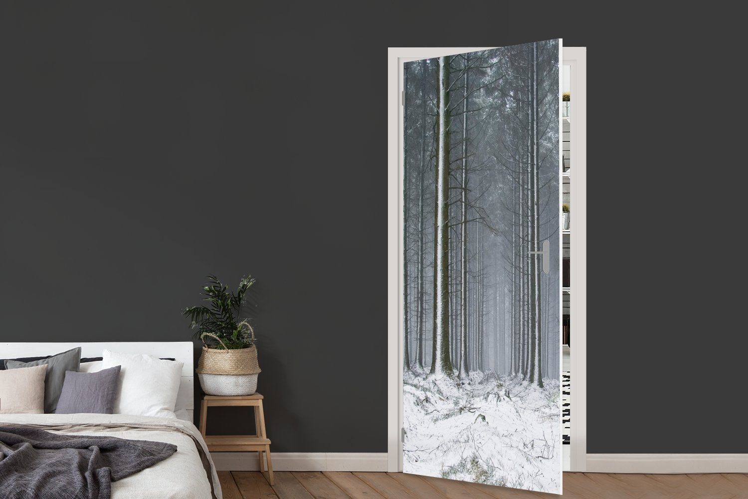MuchoWow Türtapete - (1 75x205 Türaufkleber, - Fototapete bedruckt, Winter cm Schnee, St), für Matt, Bäume Tür