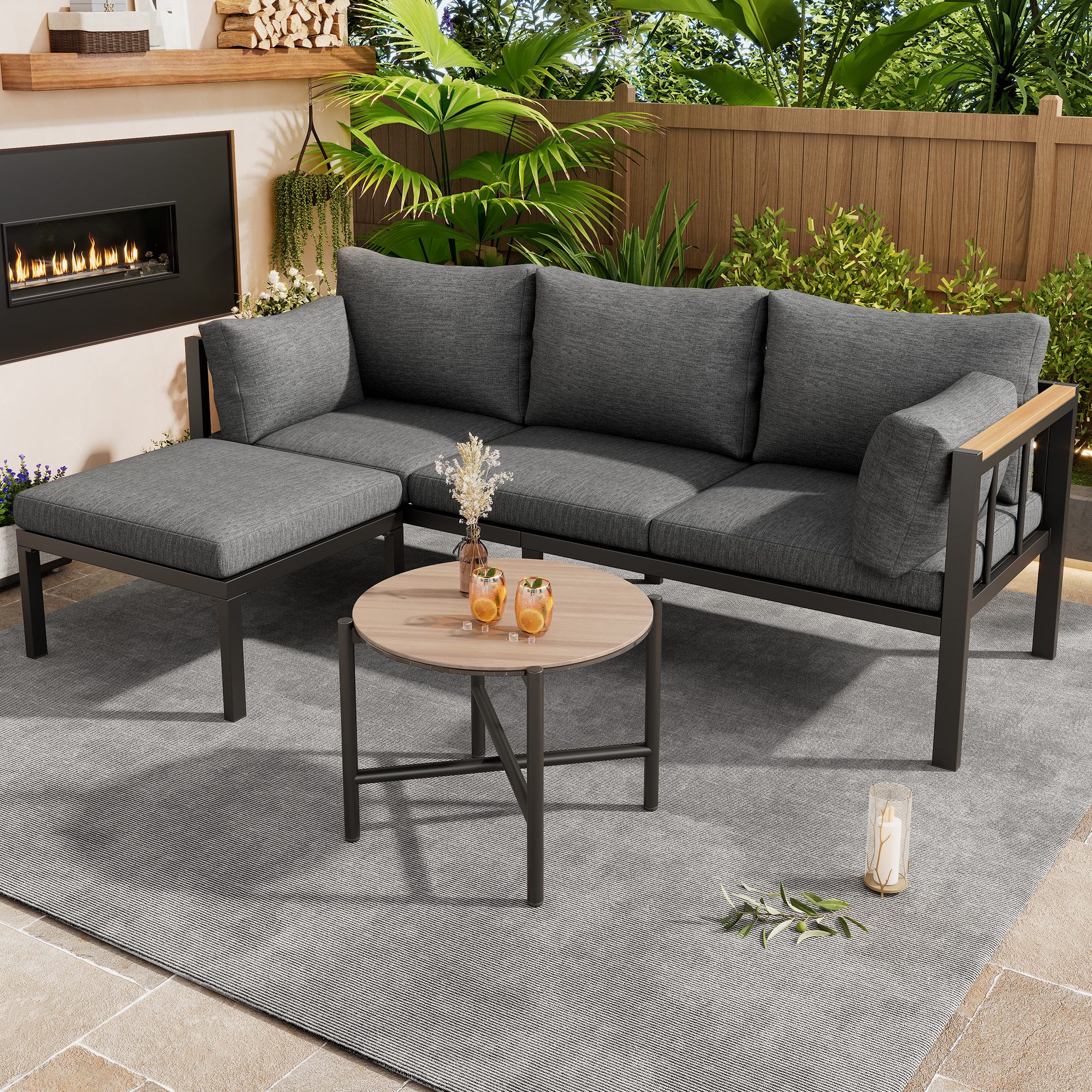 Celya Gartenlounge-Set Gartenlounges Balkon, Gartenmöbel Set 4 Personen, Eckgarnitur, (verzinktes Stahlrohr, Glastischplatte, geeignet für Gärten, Schwimmbäder und andere Außenbereiche, Grau), Gartenmöbel-Set, Eckgarnitur, Sofa + Couchtisch + Fußhocker
