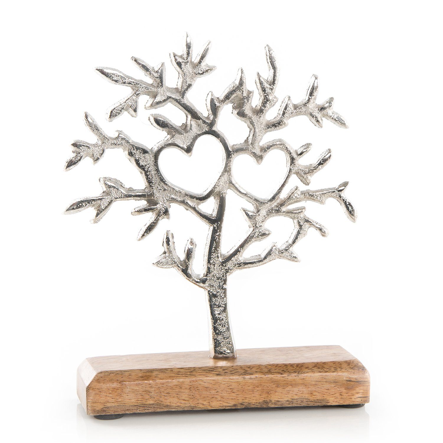 Mangoholz Dekofigur Skulptur Logbuch-Verlag - Podest Figur mit Metall Baum auf Herzen, aus - cm zwei Silber 20