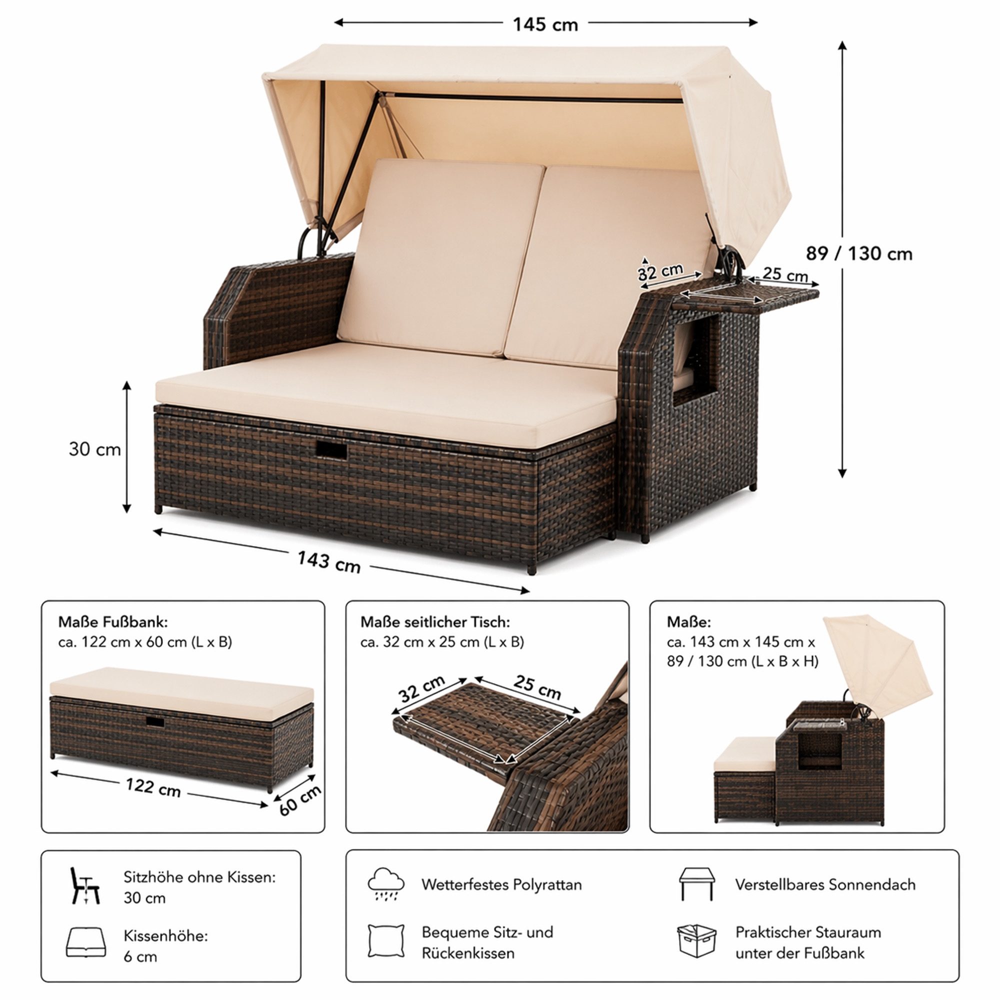 Mucola Strandkorb Strandkorb Sonnenliege Sonnenbett mit Dach aus Polyrattan Relaxliege, BxTxH: 145,00x143,00x130,00 cm, (Stück, 1-tlg), Sonnenschutzdach