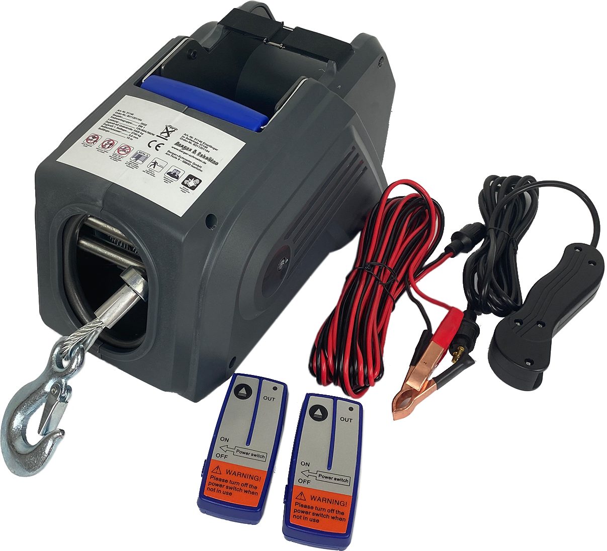 Berger & Schröter Seilwinde 12 V Premium für PKW mit Funkfernbedienung, mit Handkurbel für manuellen Betrieb ohne Strom