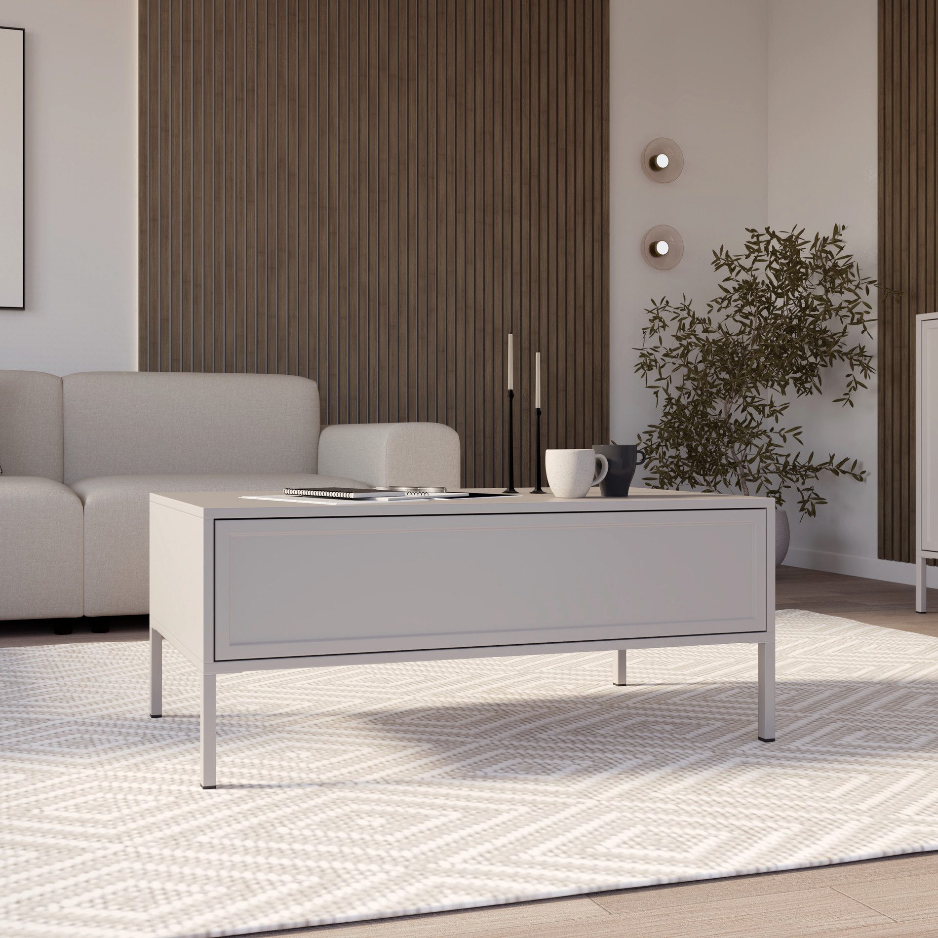 Selsey Couchtisch VELVETO, Couchtisch in Kaschmirgrau, Push-to-Open-Schublade, 100x50 cm