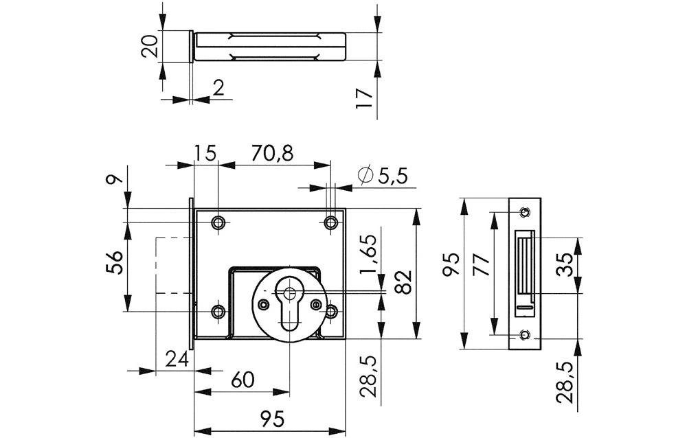AMF Türbeschlag Riegelschloss 49 DIN / links mit Dornmaß 60 Flachschließblech PZ mm rechts