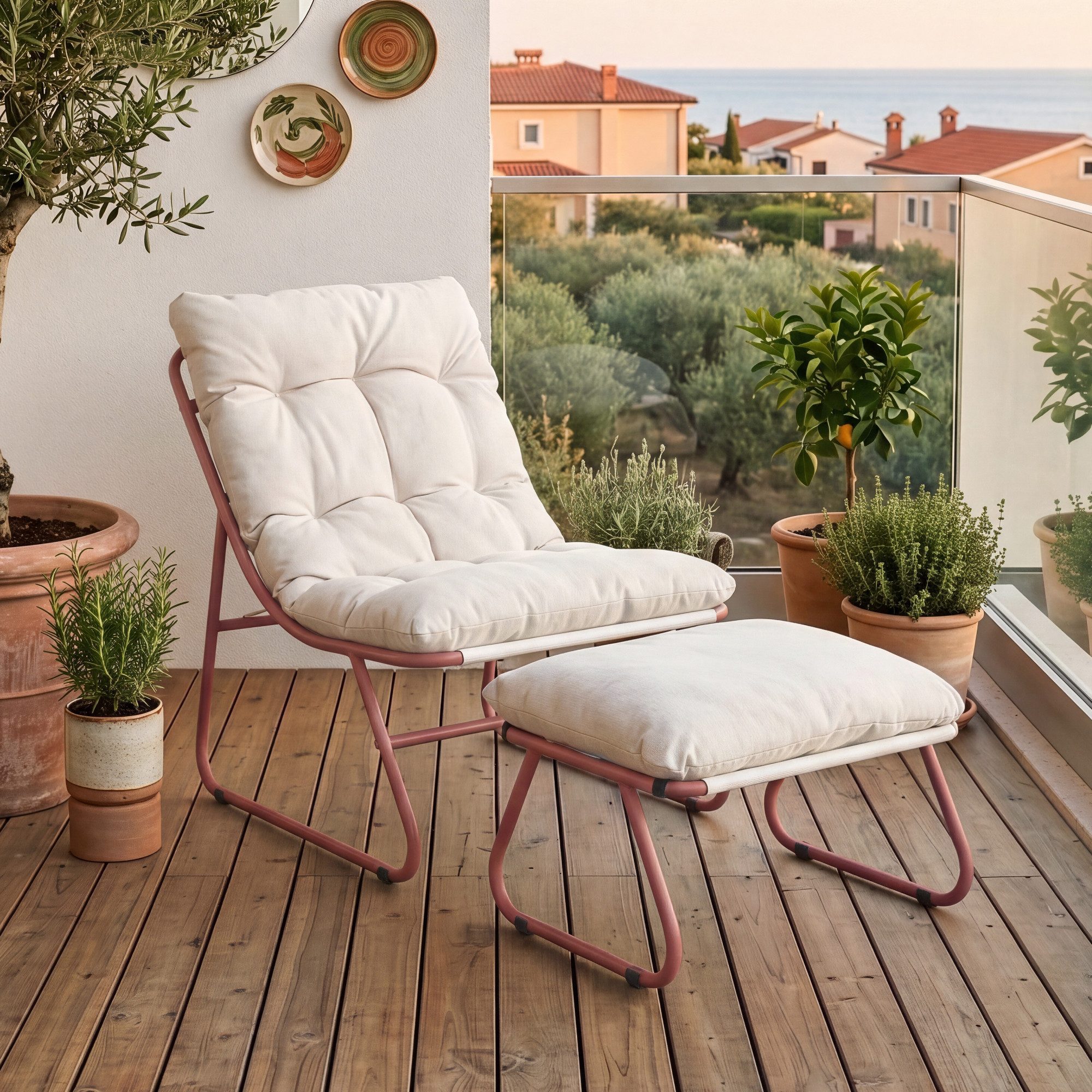 casa.pro Balkonset, (2-tlg., 1 Sessel, 1 Fußhocker inkl. Auflagen), »Malmö« Sessel mit Fußhocker Polsterkissen Metallgestell Terrakotta
