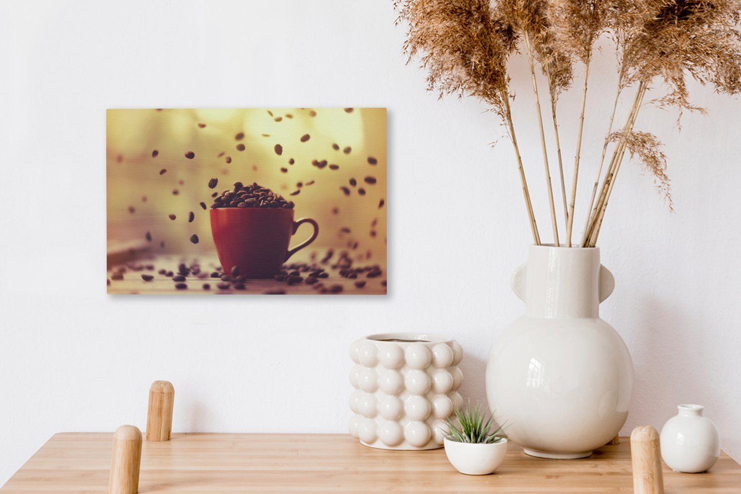 Wanddeko, cm Kaffeetasse, Kaffeebohnen 30x20 Fallende Leinwandbilder, Aufhängefertig, in St), einer (1 OneMillionCanvasses® Wandbild Leinwandbild