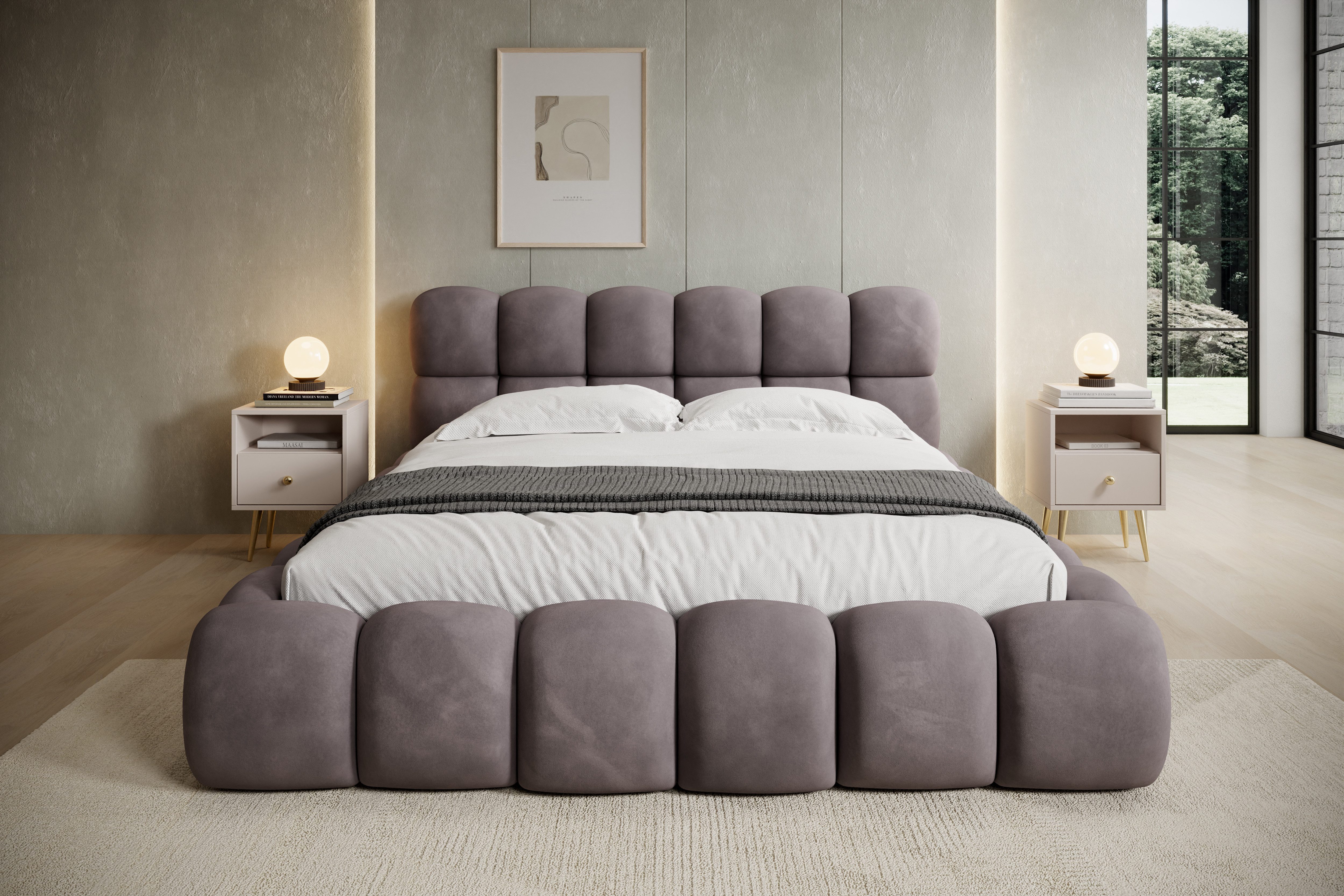 thematys Polsterbett mit Bettkasten 140x200–200x200 cm – Velours oder Bouclé Bezug – (Polsterbett in den Varianten Bouclé (Fredo), Velours (Velutto) - Wolkenbett mit XXL Kopfteil), Wolkenbett mit XXL Kopfteil)